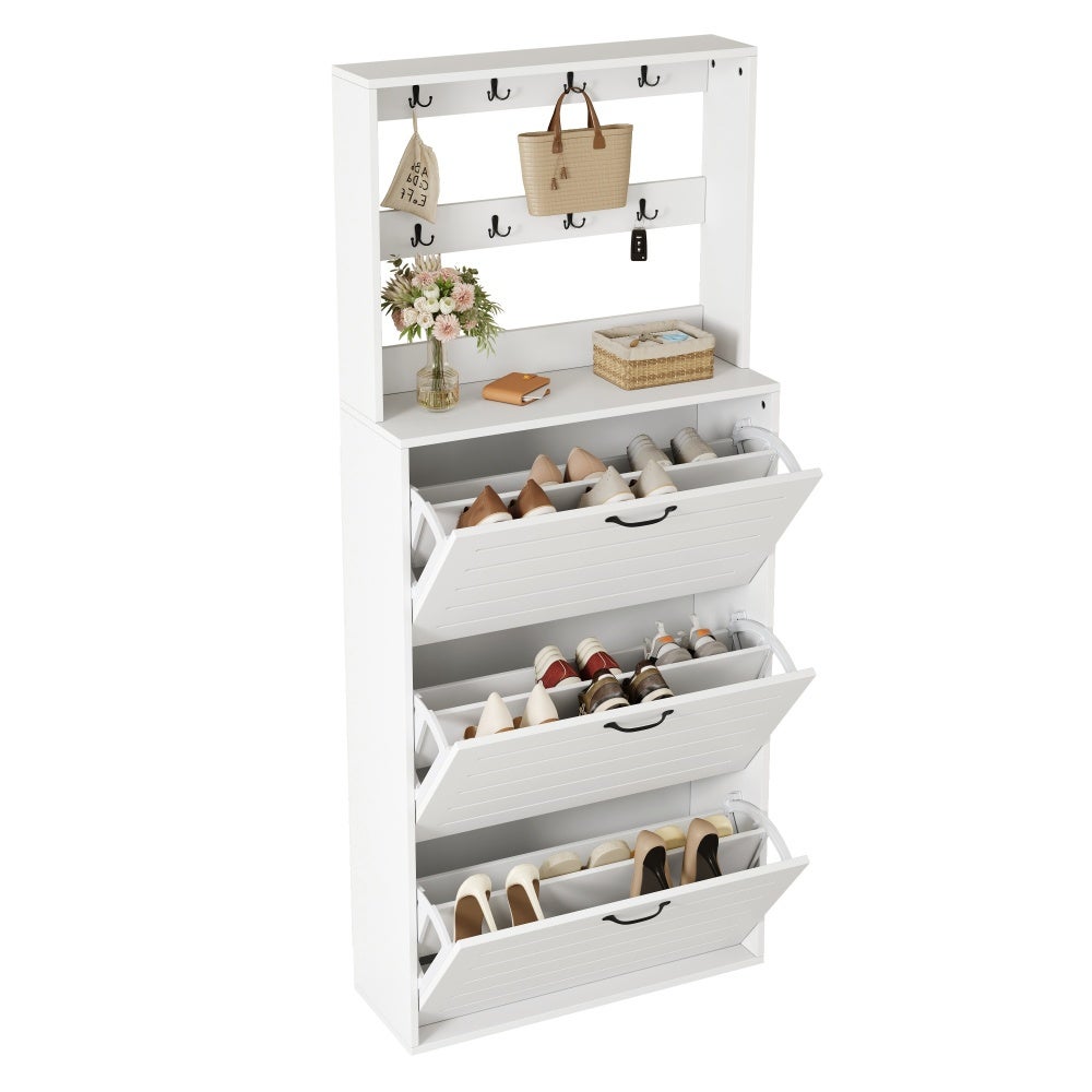 Scarpiera a 3 ante con ripiano e ganci, per 15 paia di scarpe, bianco, 70x25x163 cm, pannello in truciolato - 6