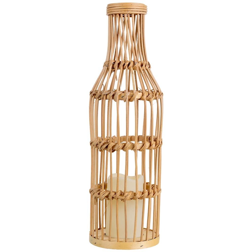 Jarron trenzado de ratan con vela a pilas natural, D14x44,5cm - 2