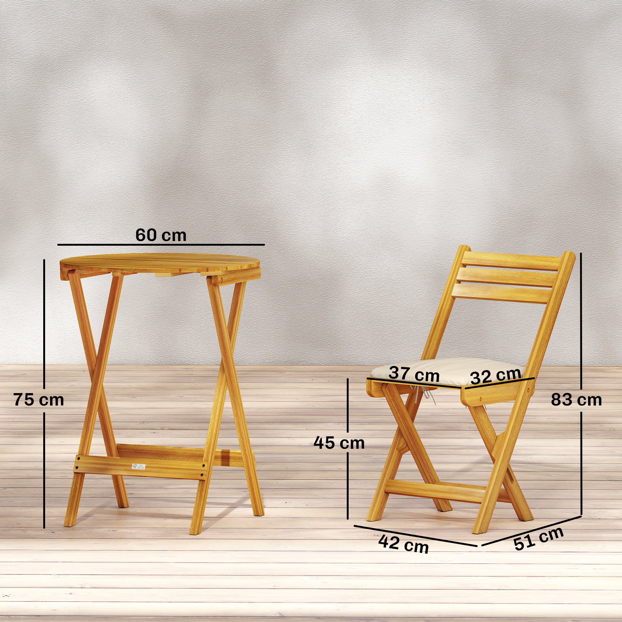 Ensemble mobilier balcon 3 pièces ensemble meubles jardin pliants bois FSC table ronde 2 chaises coussin assise assise lattes respirantes - 5