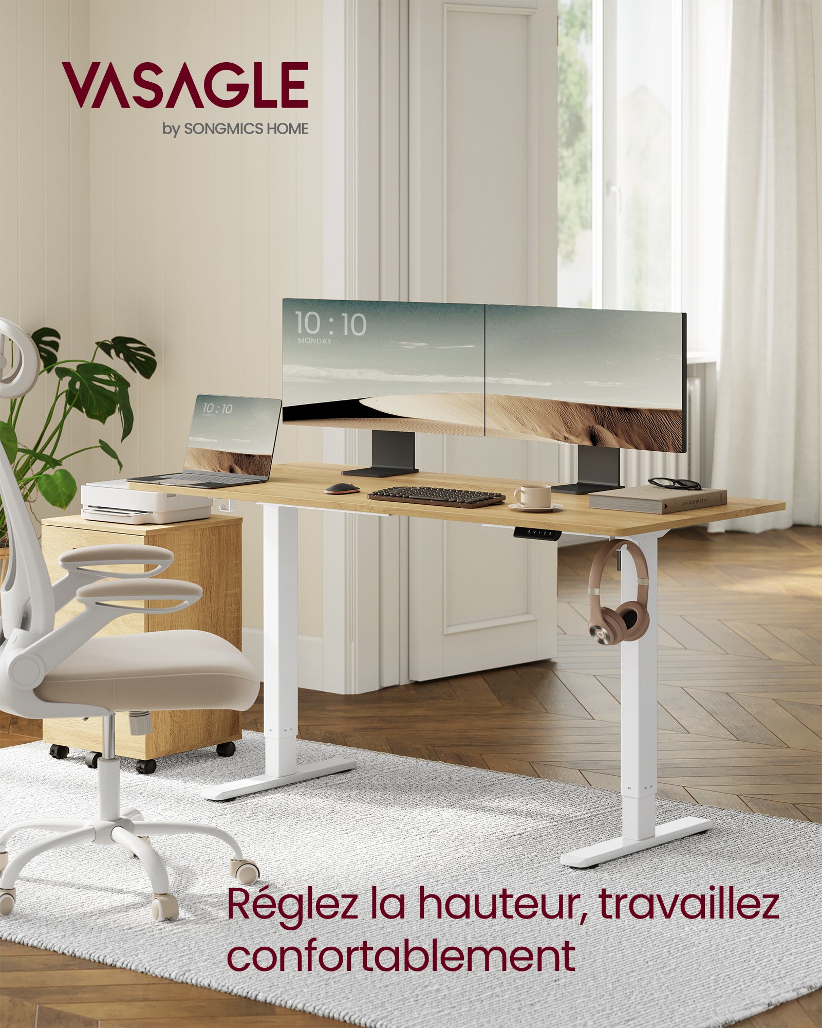 Bureau Électrique Réglable en Hauteur, Cadre de Bureau Assis-debout, avec 2 Crochets, Fonction Mémoire 3 Hauteurs, Acier, Blanc Mat - 2