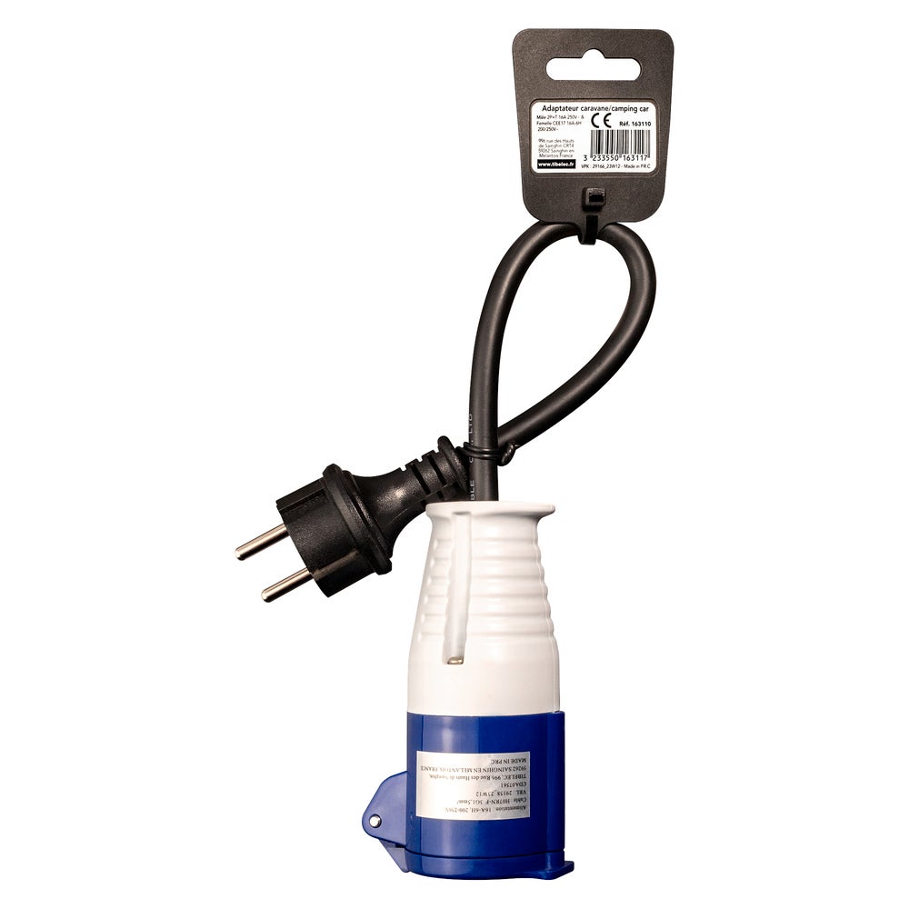 Adaptateur de camping, prise femelle CEE17, prise française mâle, IP44, section de câble 1.5mm2, 16 ampères - Tibelec - 3