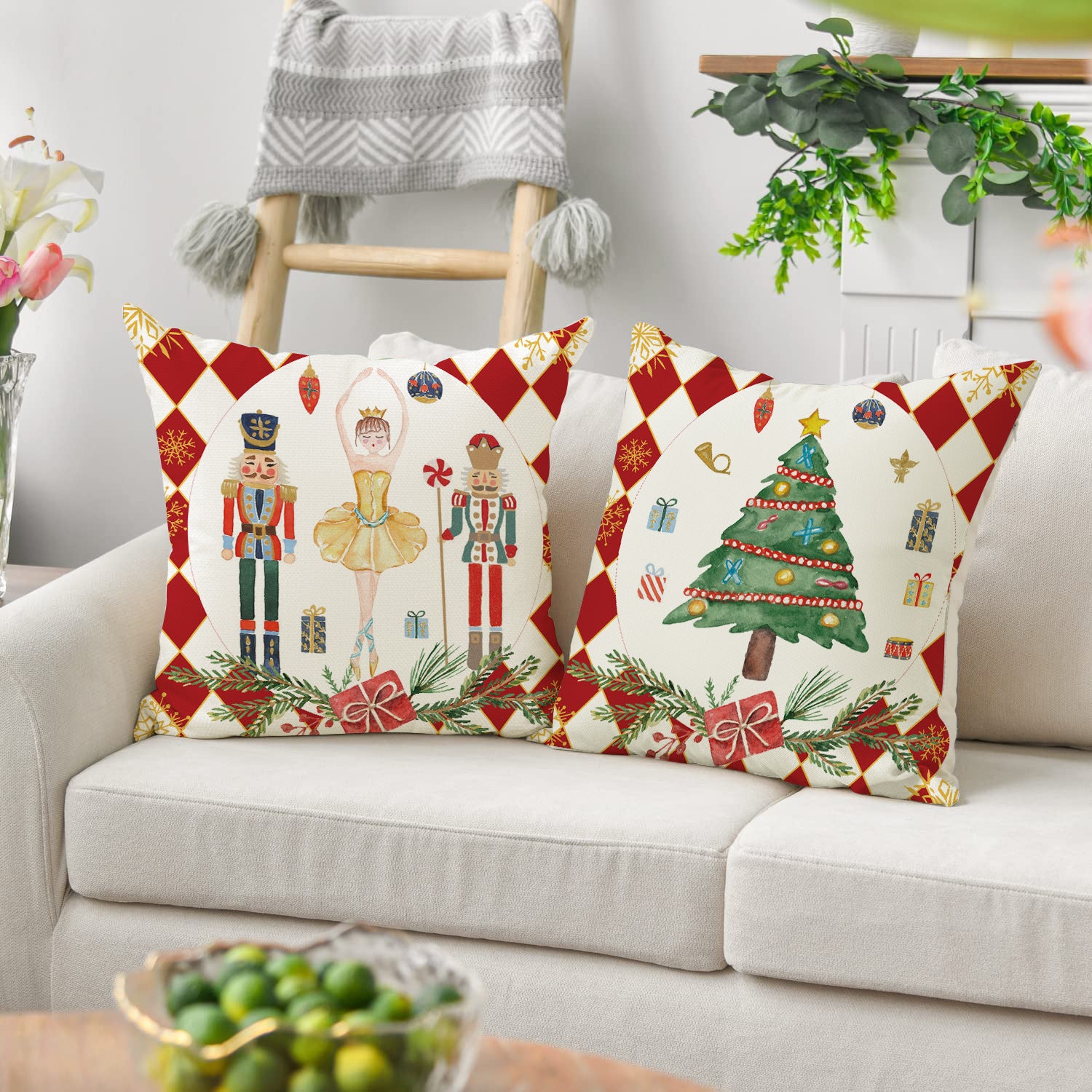 Set di 4 federe natalizie Schiaccianoci, decorazione da giardino, federe Merry Christmas in cotone e lino, 45 x 45 cm - 3