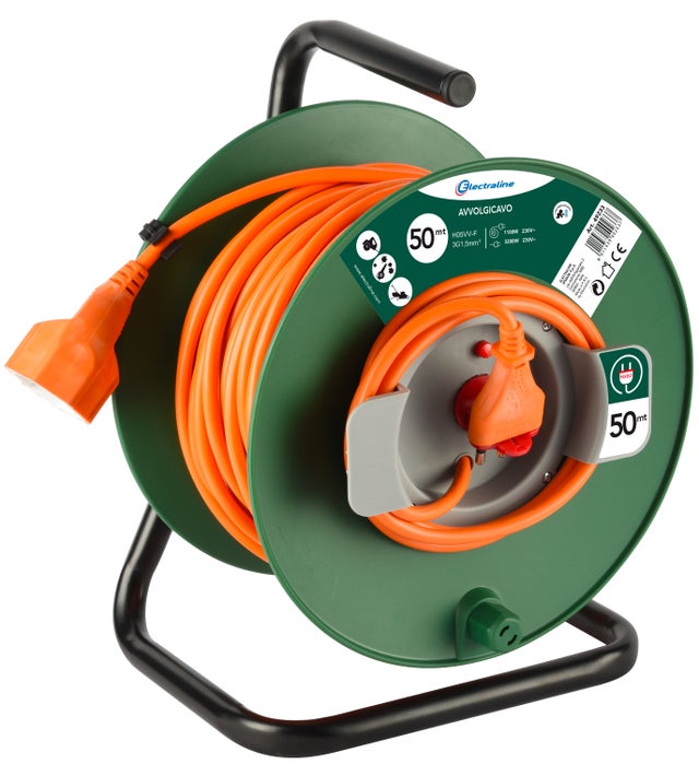Prolunga Giardino con Avvolgicavo 50 mt Spina 16A e Presa Polivalente (Schuko + 10/16A) Adatta per Elettrodomestici da Giardinaggio, con Protezione