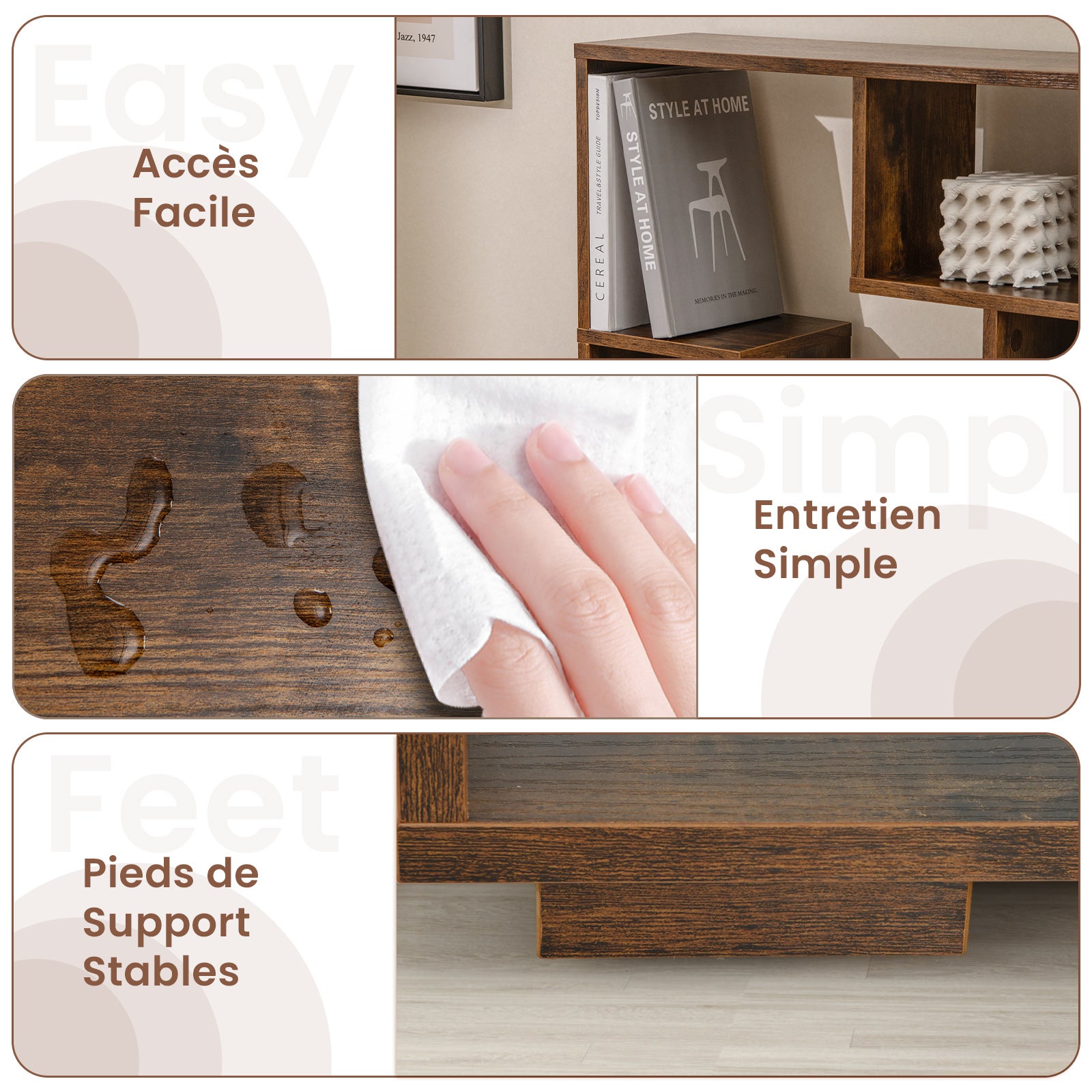 Bibliothèque Géométrique de 120 cm, Etagères Ouvertes, Etagère de Rangement Autoportante avec Kits anti-basculement, pour Bureau, Salon, Marron - 4