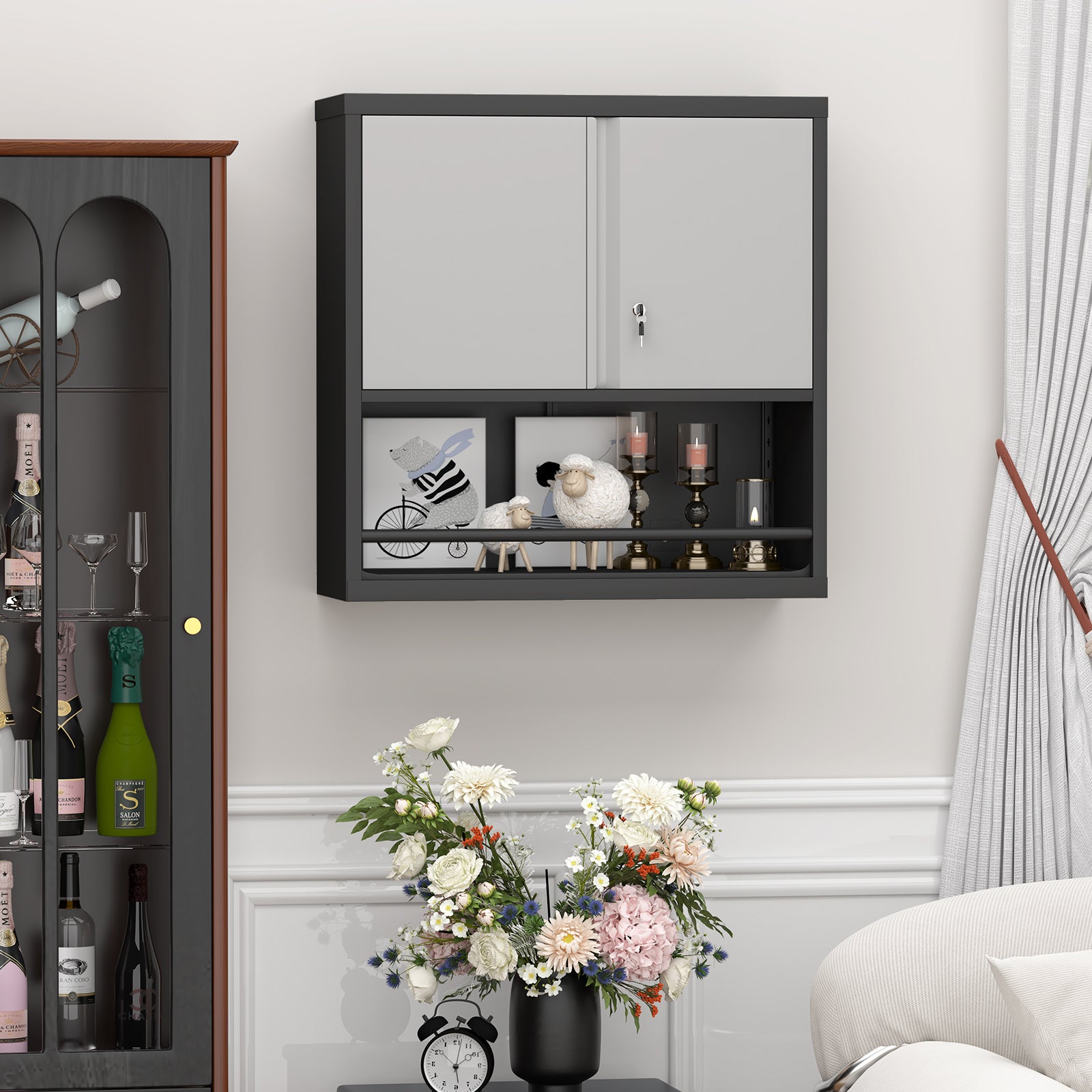 Armario alto de metal/acero con 2 puertas y estantes ajustables, ideal como despensa y organizador para cocina, salón, comedor y oficina en casa.
