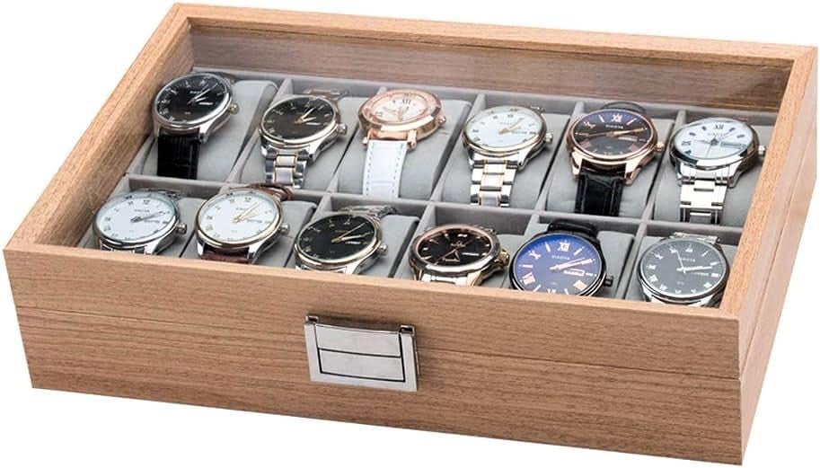 Caja para relojes organizador de reloj con 12 compartimentos y almohadillas extraibles tapa de cristal 12 Relojes Color Marron Leroy Merlin