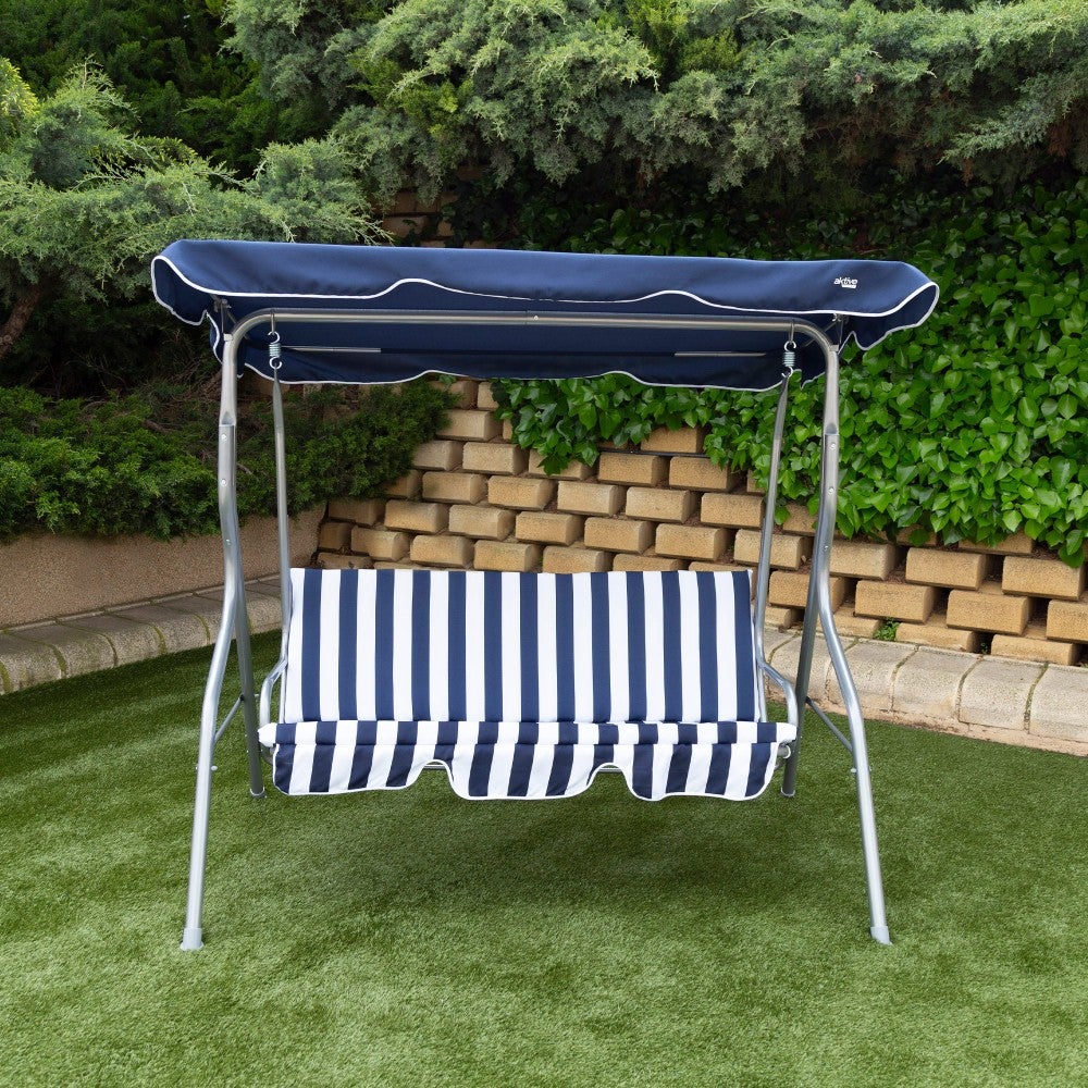 Balançoire pour jardin bleu et blanc avec auvent inclinable 3 places Aktive - 4