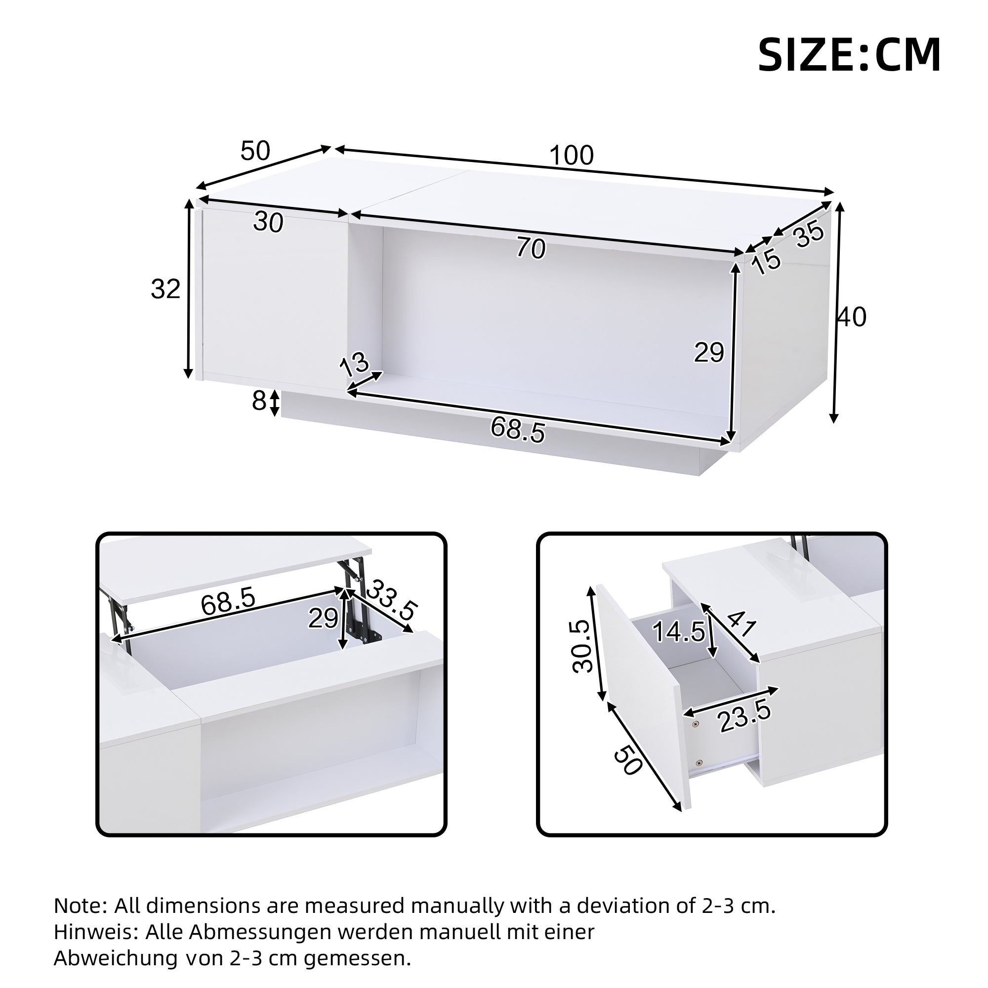 Table basse avec plateau revelable - 1 tiroir et 1 compartiment - 100 x 50 x 40 cm - LEDs - Panneau de particules - Blanc - 7