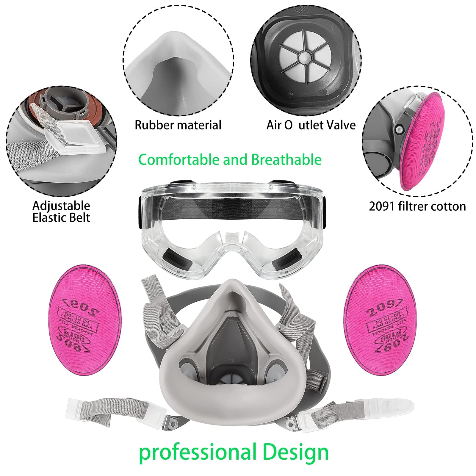 Masque respiratoire demi-visage réutilisable lunettes de protection,bouchons d'oreille pour peinture,poussière,chimique,résine époxy,coupe,polissag - 5