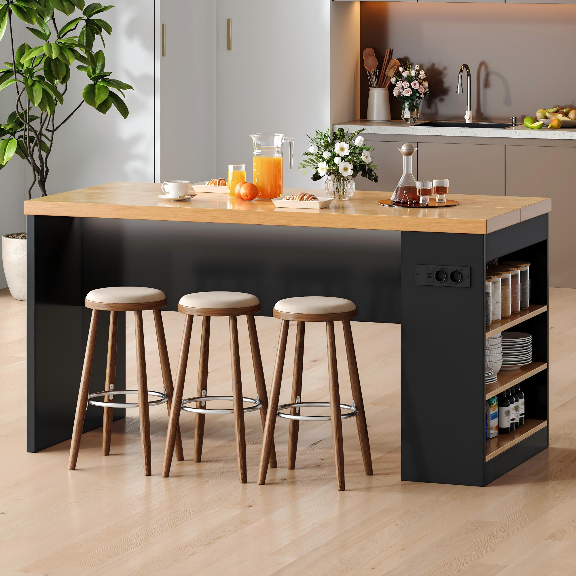 Îlot de cuisine 155x80x90 cm, table de bar avec LED, prises électriques et USB, 3 étagères, plan de travail 40 mm, MDF, noir - 3