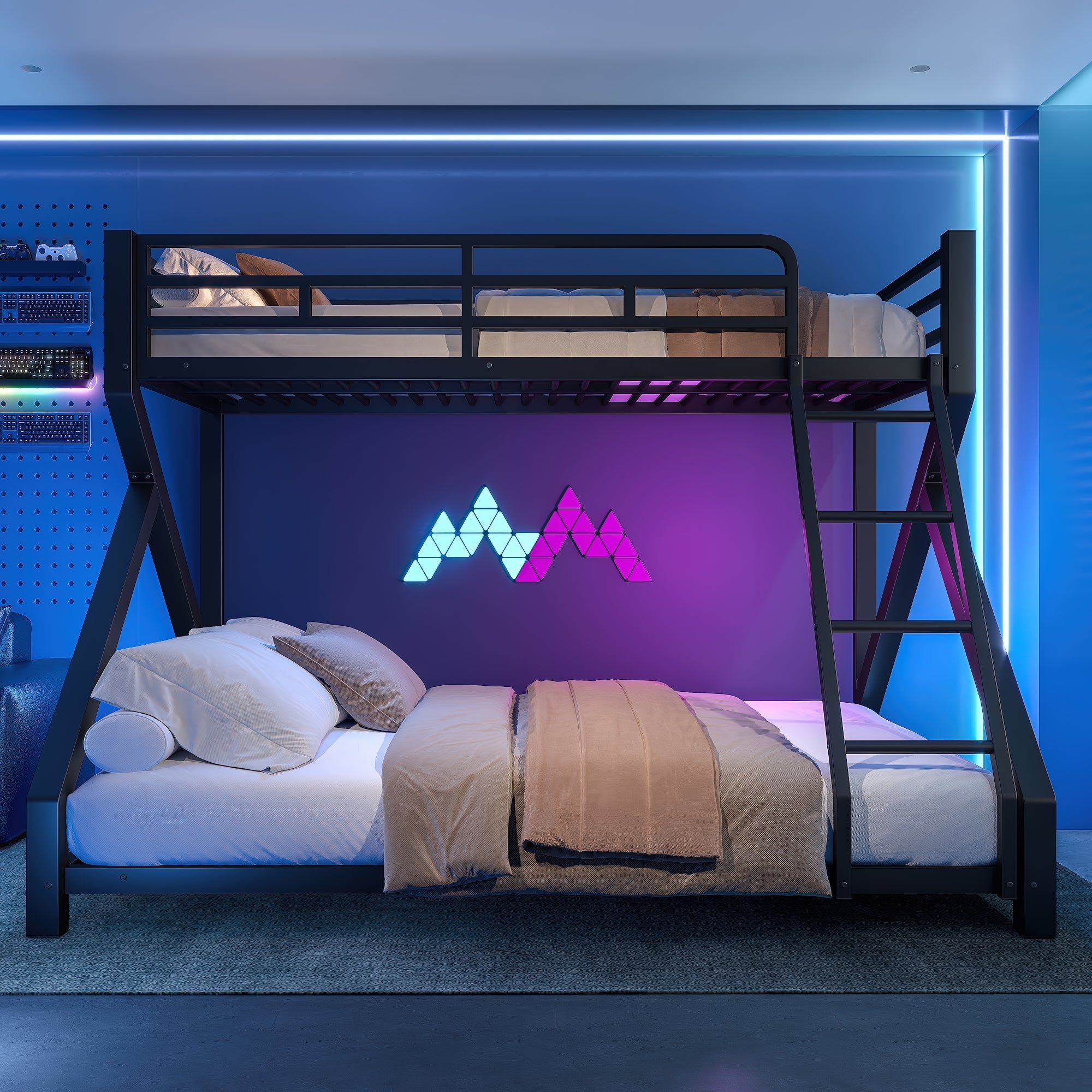 Lit superposé évolutif 90x200 / 140x200 avec LED et sécurité renforcée - Structure métal, garde-corps et échelle - Noir (sans matelas) - 3
