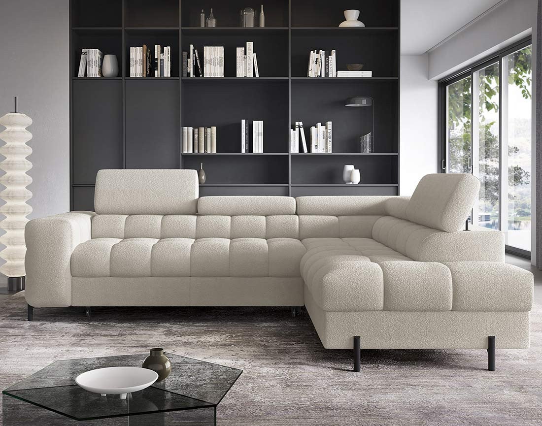 Canapé d'angle droit convertible 5 places en tissu bouclette beige - ELISA - Best Mobilier - 8