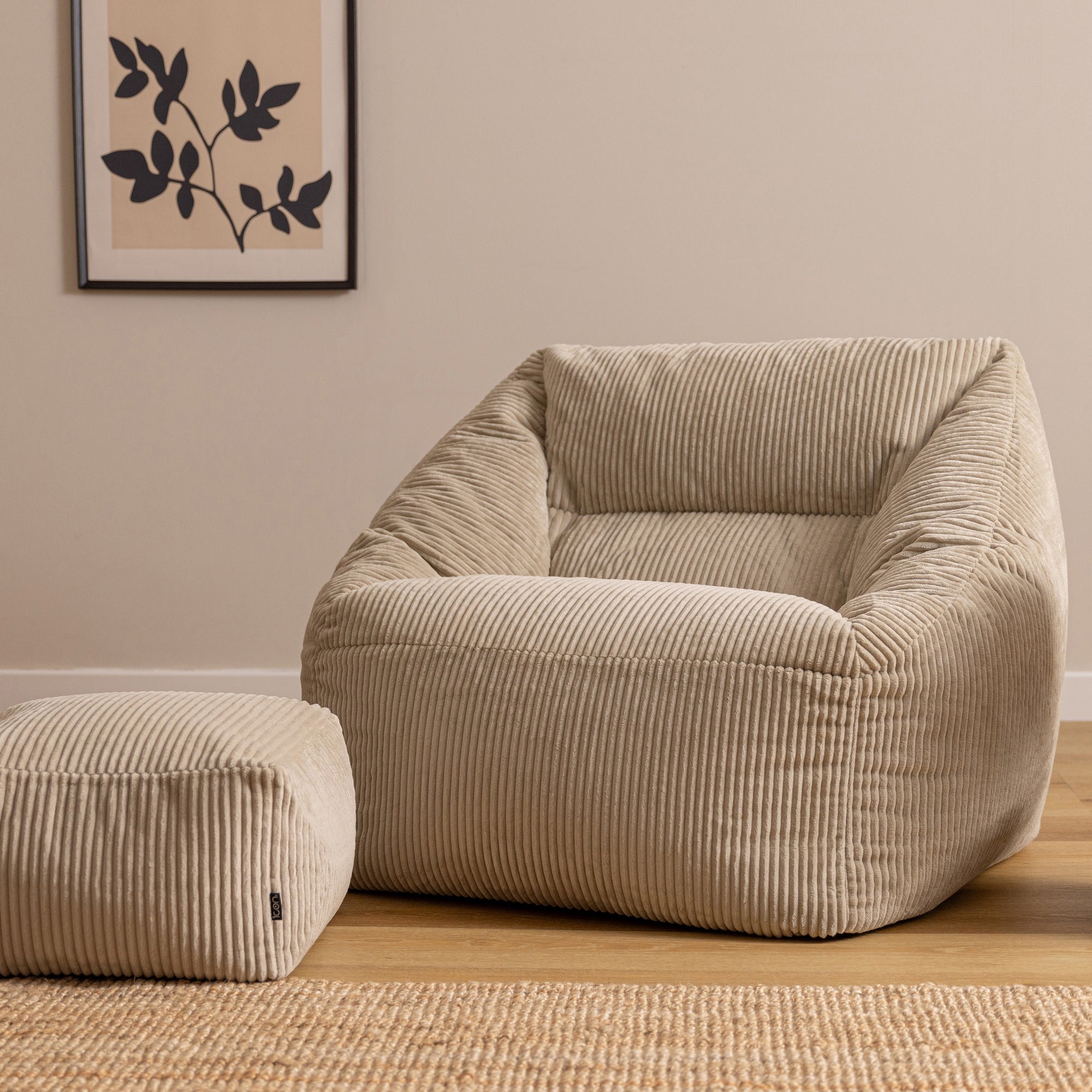 Pouf fauteuil avec repose-pied carré Icon velours côtelé beige galet 97x84cm Oeko-Tex® - 2