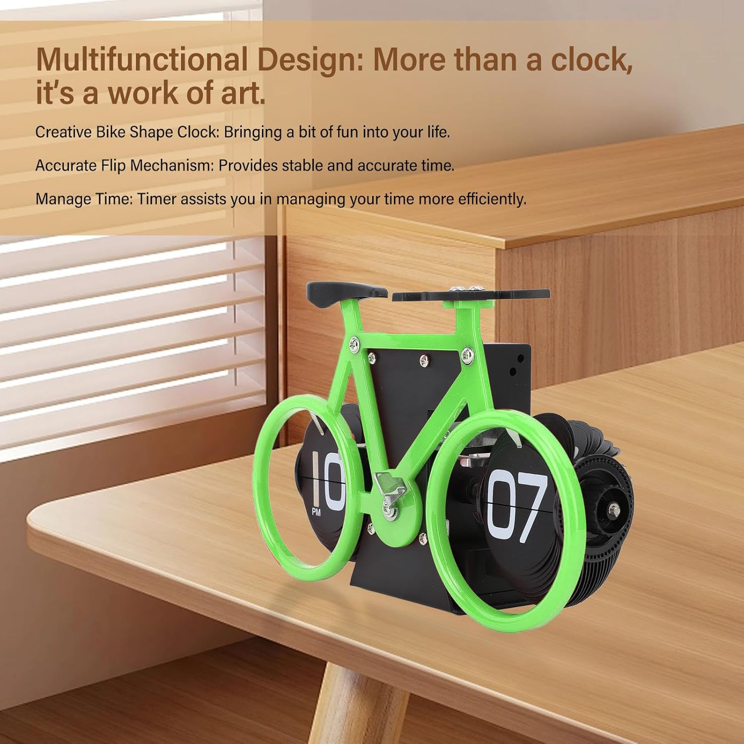 Horloge de table en forme de vélo, horloge à rotation automatique des pages, horloge décorative rétro, horloge à rotation simple des pages (vert) - 3