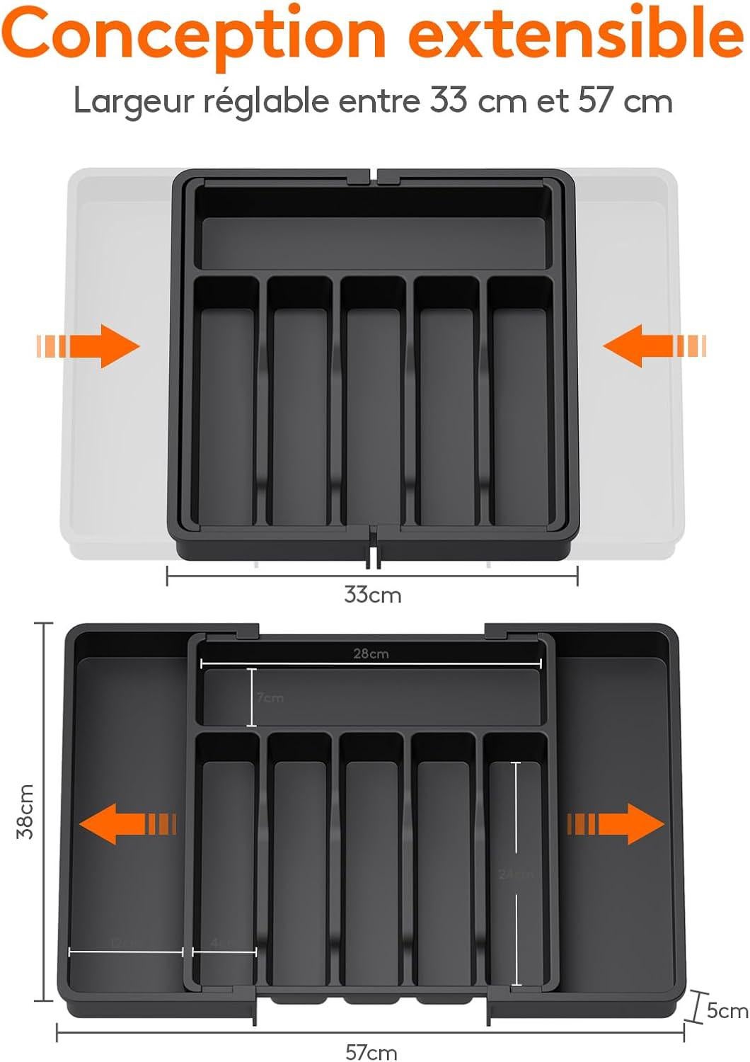 Tiroir à couverts extensible, organiseur de cuisine à tiroir réglable, plastique compact, noir - 3