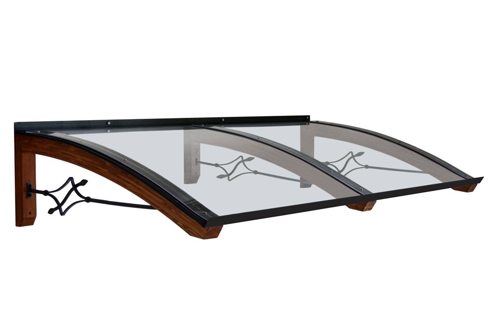 Refugio exterior de madera laminada, cubierta de policarbonato transparente, dimensiones 100x250 cm, color madera teck
