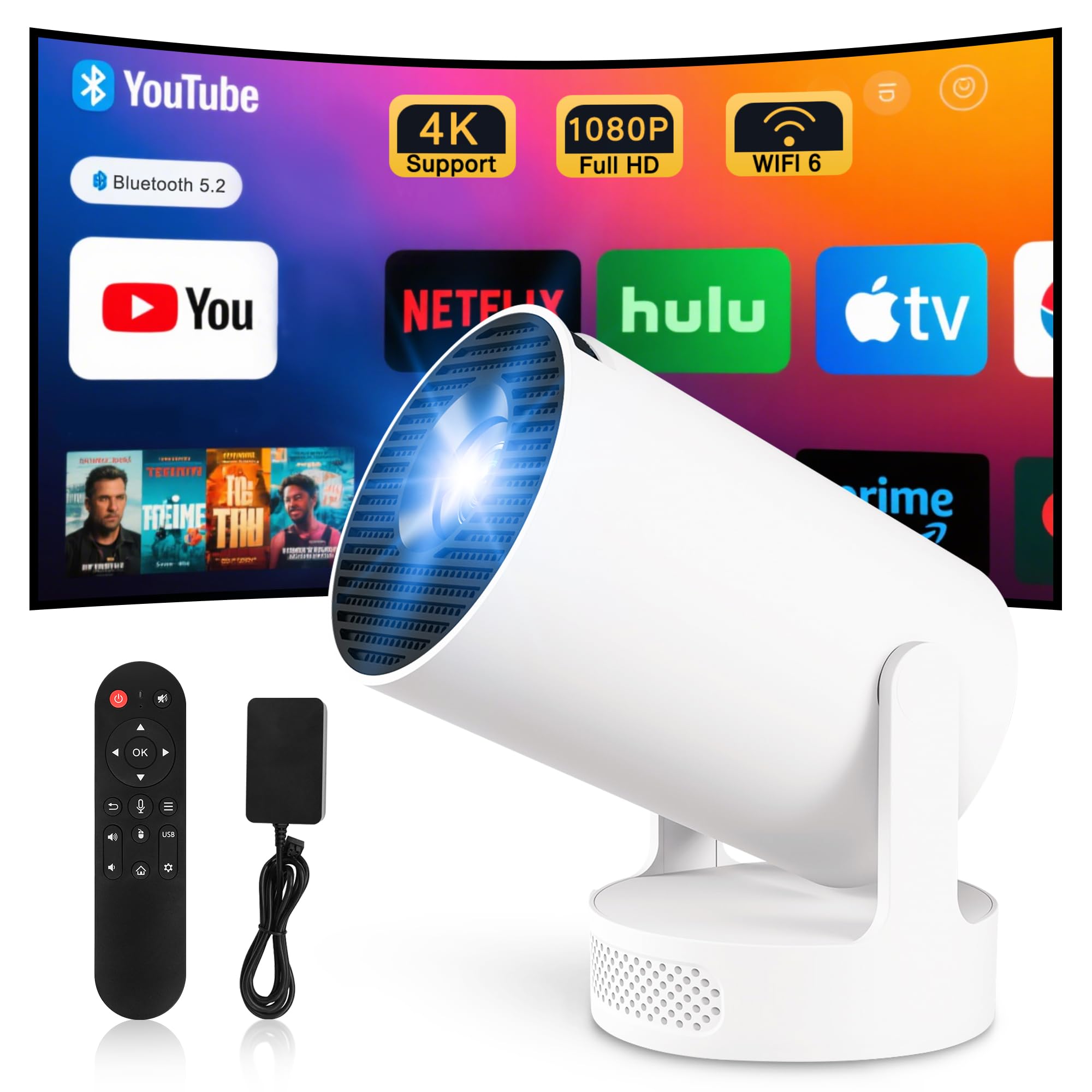 Retroprojecteur 4K WiFi 6 Bluetooth Videoprojecteur Portable Android 11 Avec Support Téléphone