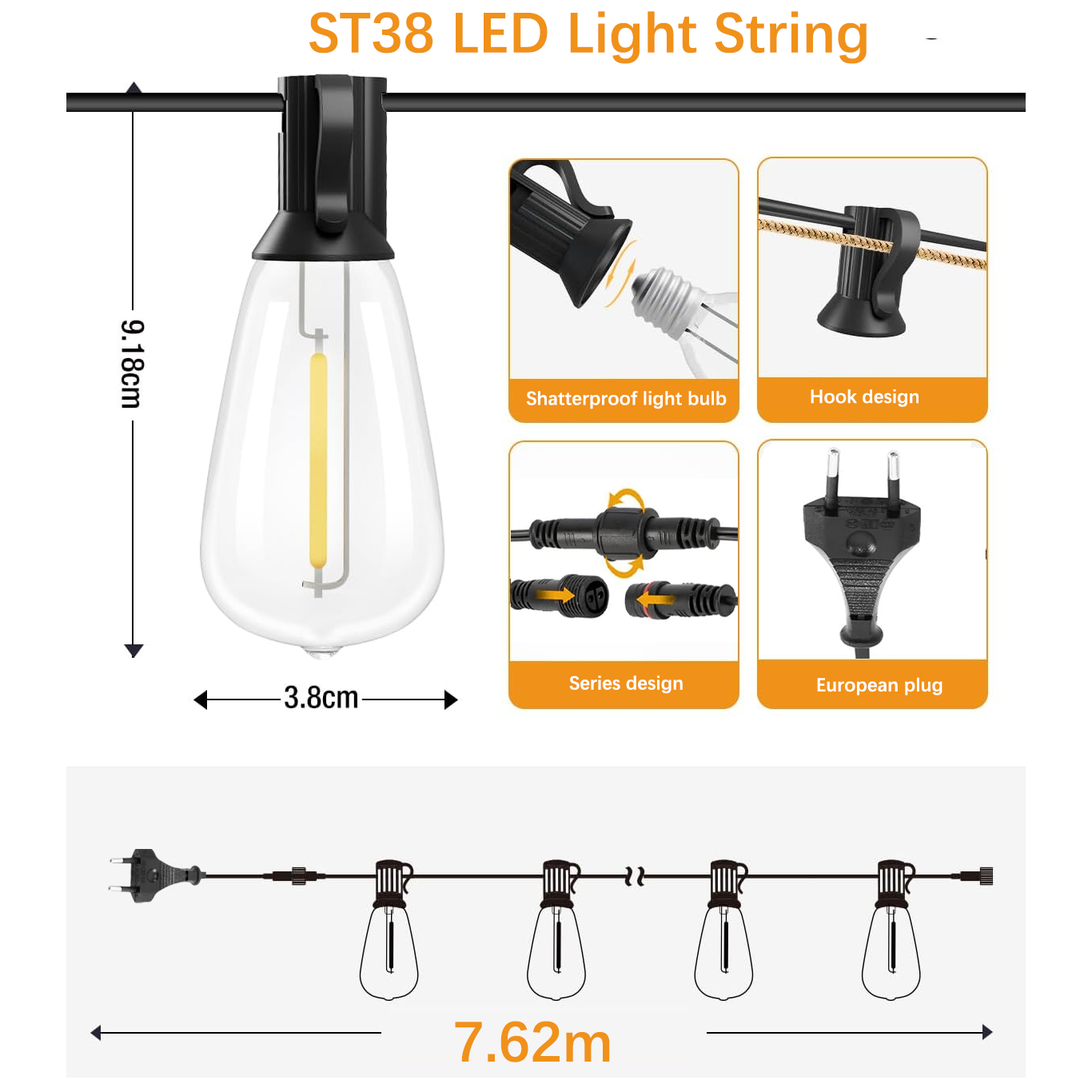 15,2-metrowy łańcuch świetlny, wodoodporna lampa ogrodowa IP45 z 25+1 żarówkami LED ST38, świąteczne oświetlenie dekoracyjne - 4