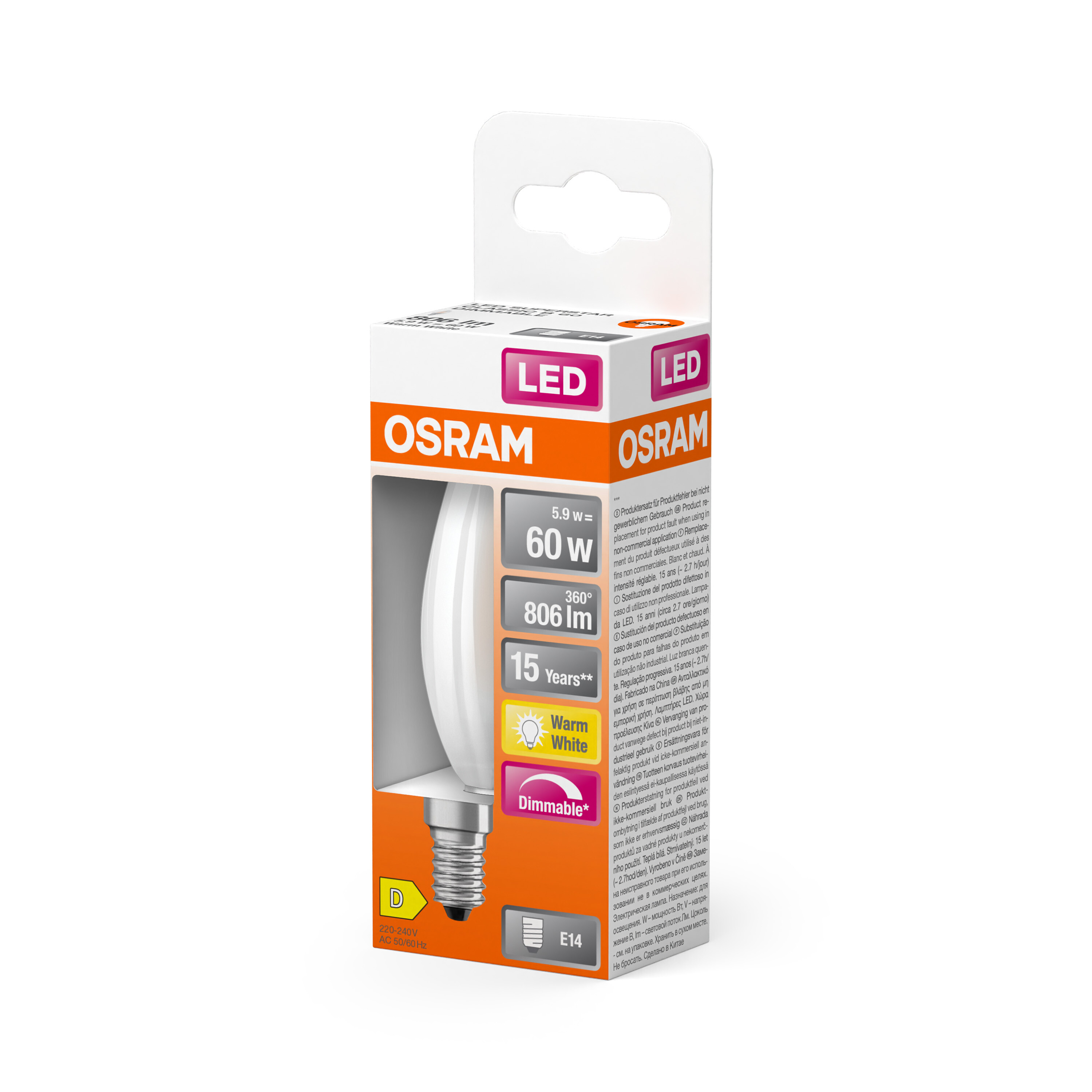 OSRAM Ampoule LED - E14 - Warm White - 2700 K - 6,50 W - remplacement pour 60-W-Incandescent bulb - LED Retrofit CLASSIC B DIM - 2