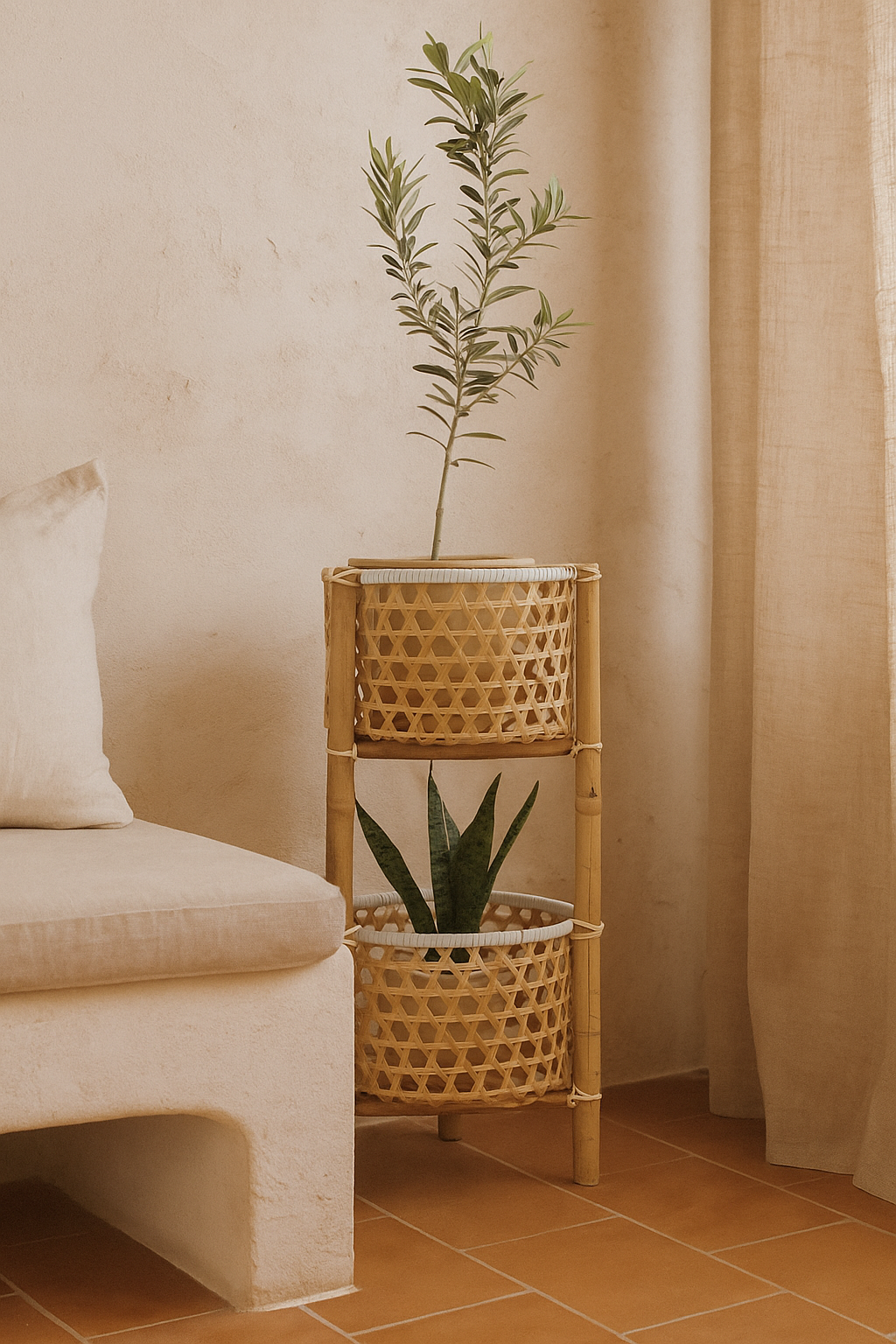 Ensemble De 3 Paniers Suspendus En Bambou Brun Clair - Pour Plantes D'Intérieur Et D'Extérieur, Décoration Balcon