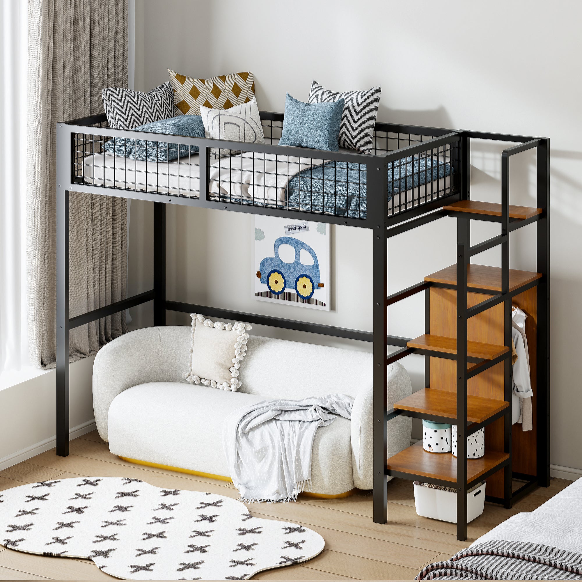 Lit mezzanine enfant 90 x 200 cm en fer avec échelle et étagère de ...