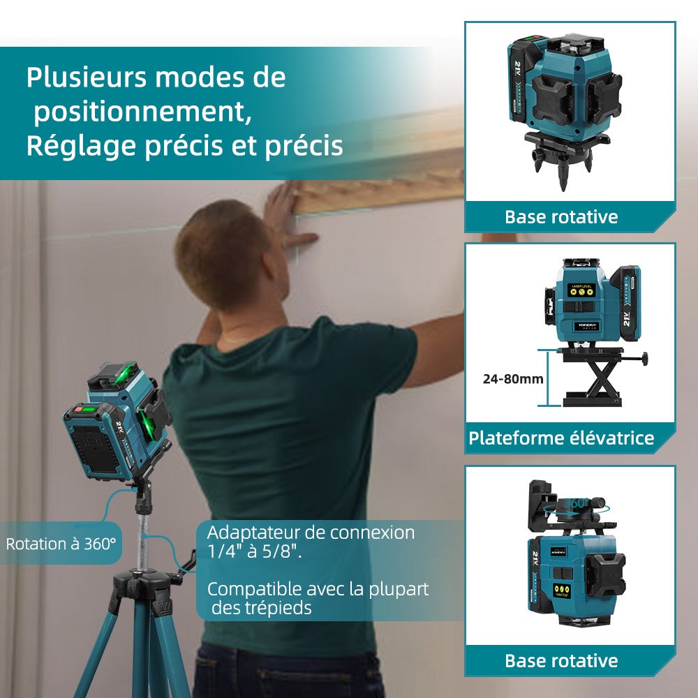 Laser de ligne croisé 16 lignes Niveau laser 3° Autonivelante 4 x 360° Niveau laser avec 2x batterie + trépied, pour construction intérieure - 7
