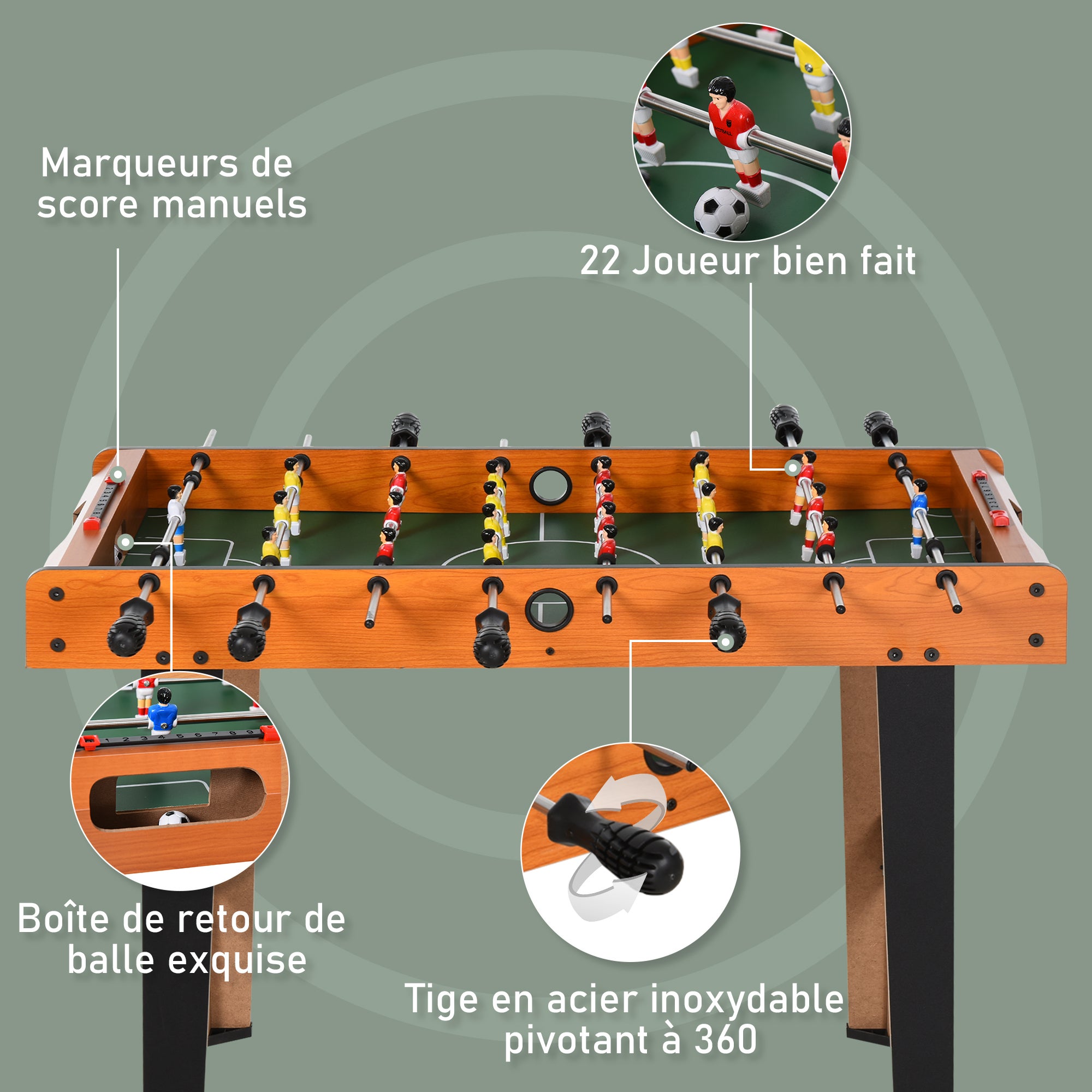 Esta mini mesa de matraquilhos permite até 22 jogadores e inclui 2 bolas e 2 placares. Dimensões: 84,5 cm (C) x 40 cm (L) x 61,2 cm (A). - 6