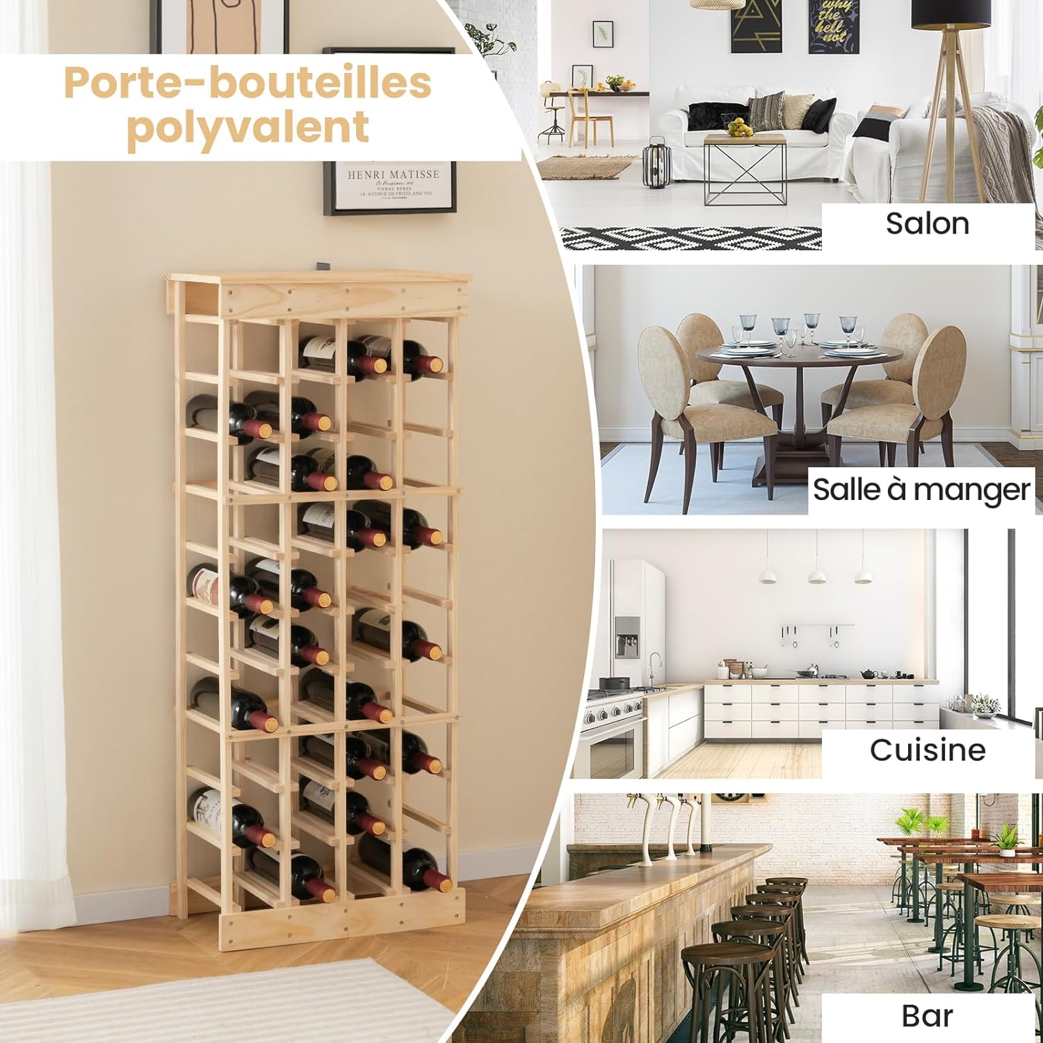 Porte-Bouteille pour 40 Bouteilles, Casier à Vin Pin Massif, Range Bouteille à l’Horizontal, 47 x 28 x 113 CM, Naturel - 4
