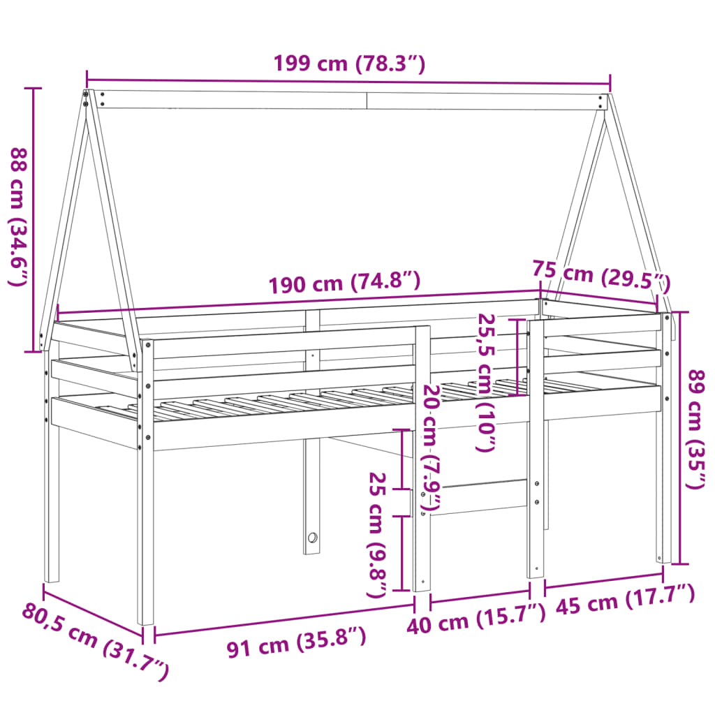 Lit haut avec toit 75x190 cm bois de pin massif - 9
