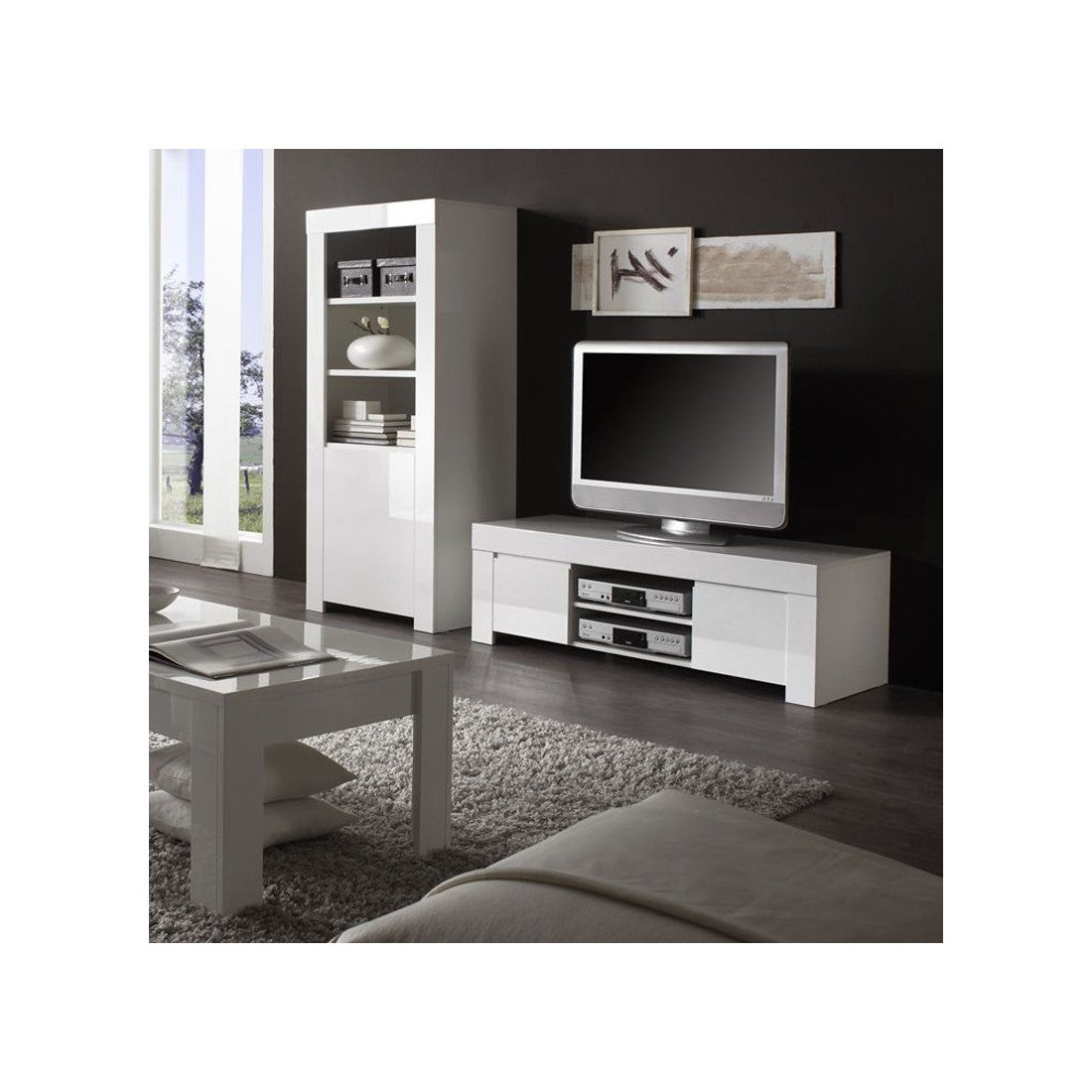 Meuble TV 2 portes 140 cm laqué Blanc brillant - PISA | Leroy Merlin