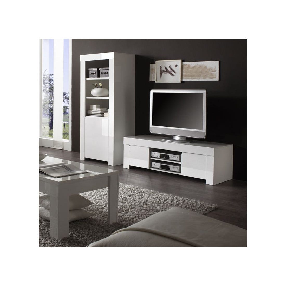Meuble TV 2 portes 140 cm laqué Blanc brillant - PISA | Leroy Merlin