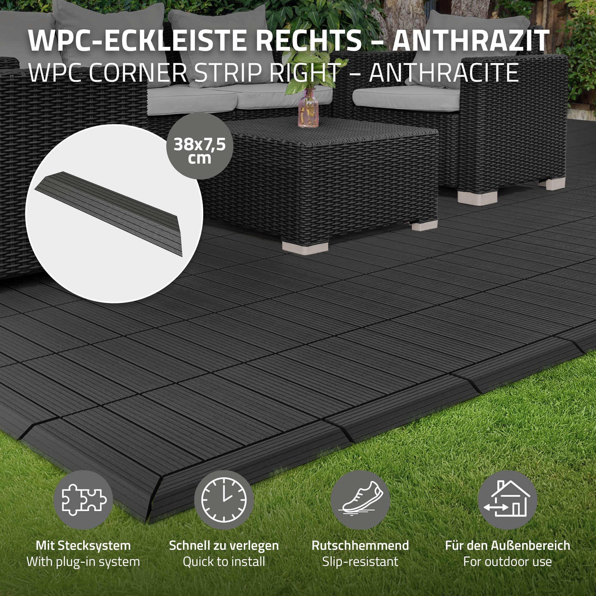 ML-Design listwa narożna prawo wpc antracytowy 38x2x7,5 cm profil drewnopodobny ryflowany z odpływem wzmocniona baza system klik obróbka krawędzi - 2