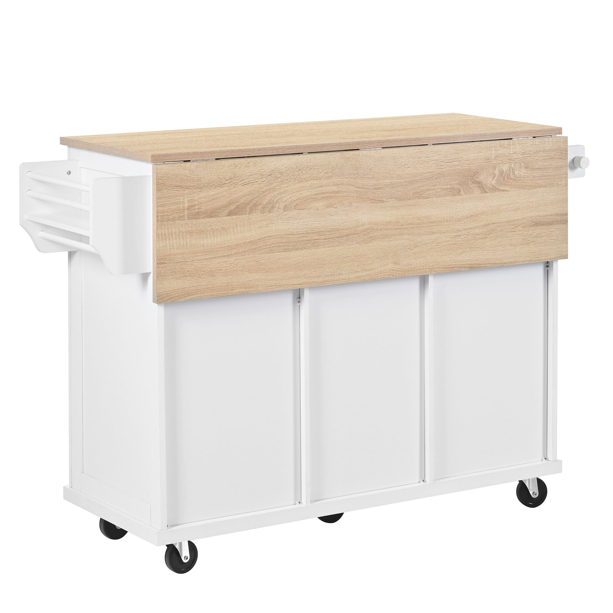 Ilot central de cuisine mobile 126x46.8x94.2cm - avec roulettes - 3 tiroirs et 3 portes - plateau extensible - avec porte-serviettes - blanc - 7