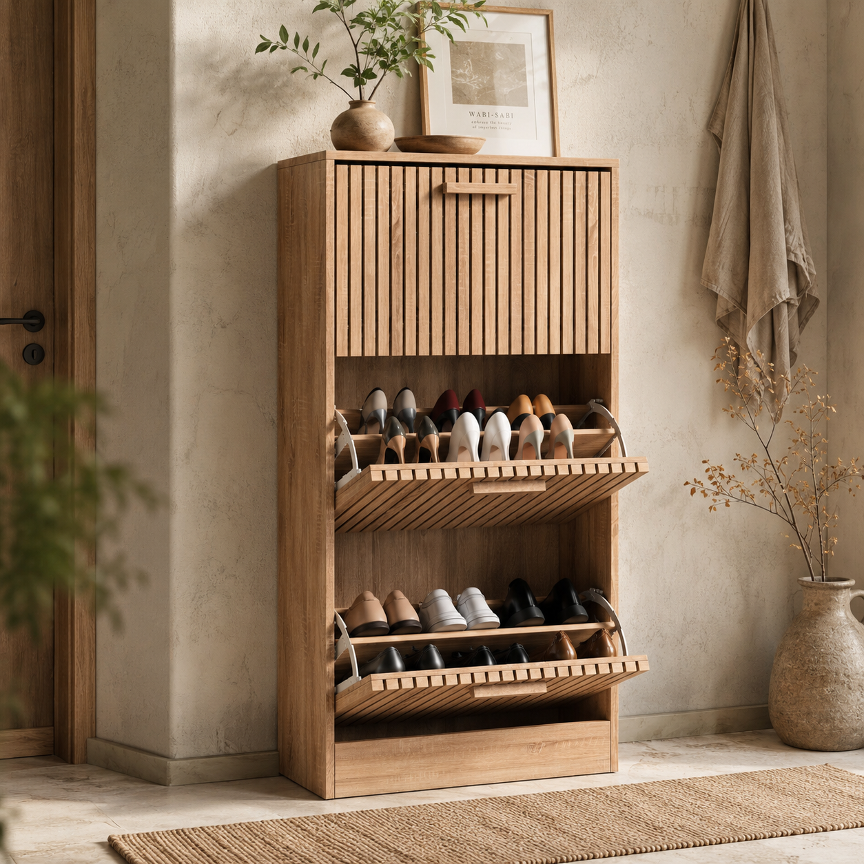 Meuble à chaussures avec 3 abattants avec portes à lamelles, armoire à chaussures slim anti-basculement pour 16 à 24 paires, 60 x 24 x 113. - 8