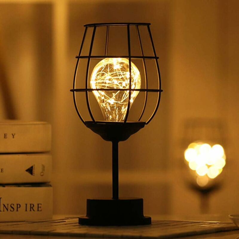 Nowoczesna lampa stołowa z czarnego metalowego drutu - Lampion - Lampa nocna w stylu vintage - Zasilana bateriami - Zaprojektowana do sypialni