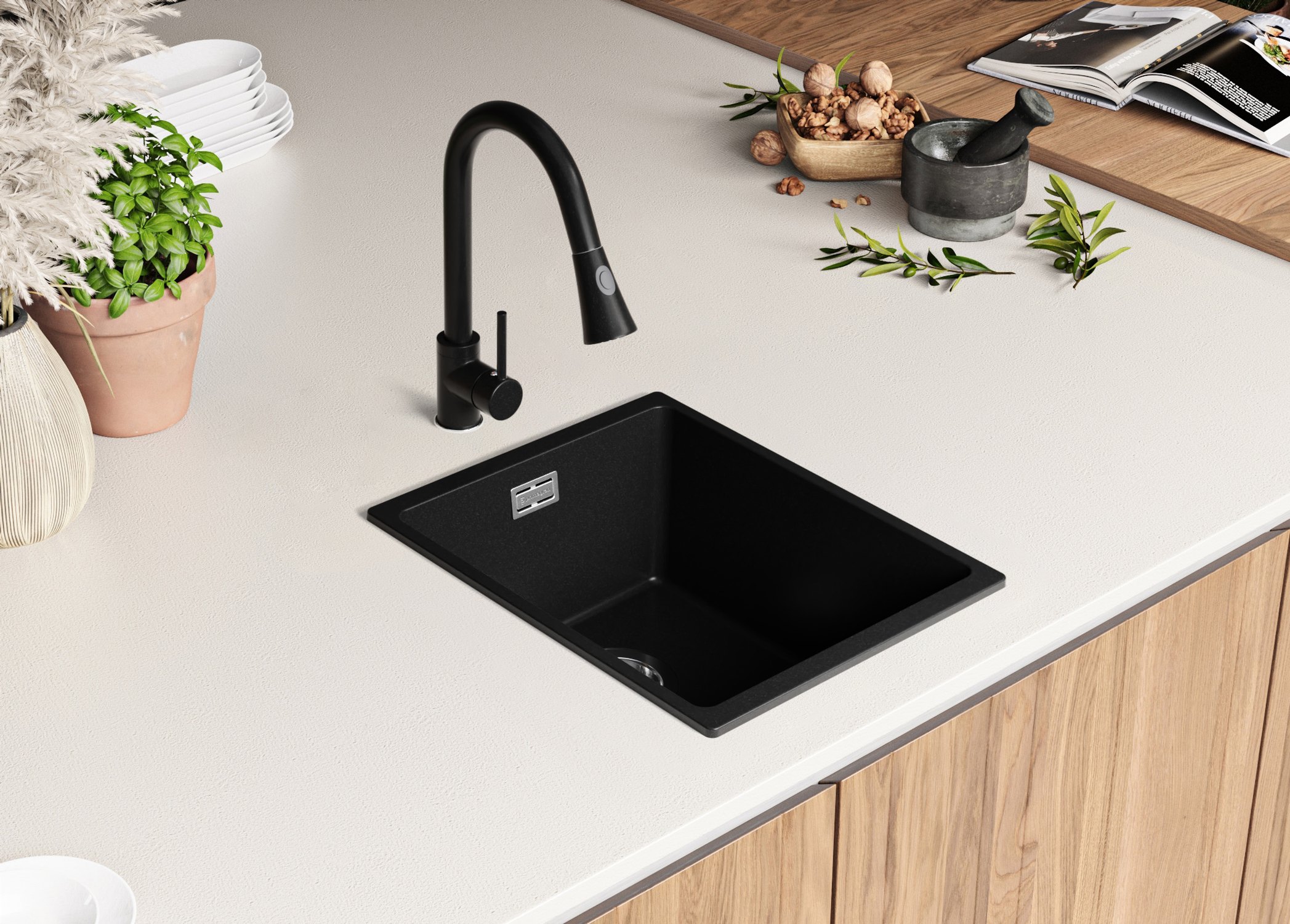 Lavello da Cucina Nero 36x47cm, Lavandino in Granito a 1 vasca + Sifone Classico, Lavabo da Cucina Incasso al mobile 40cm - London Slim PRIMAGRAN - 8