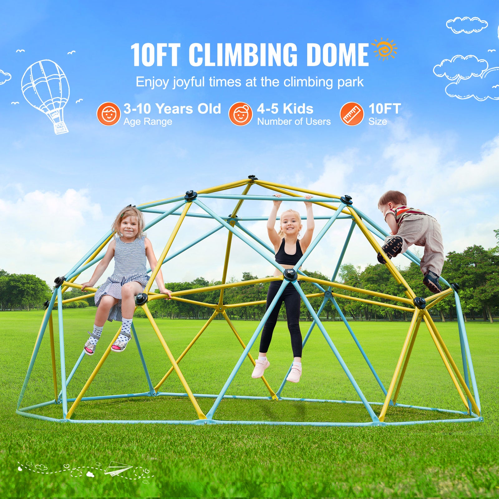 Dôme d'escalade 3 m,SucceBuy centre de jeu géométrique supportant 340 kg,pour enfants de 3 à 10 ans,assemblage facile,équipement extérieur jardin - 4