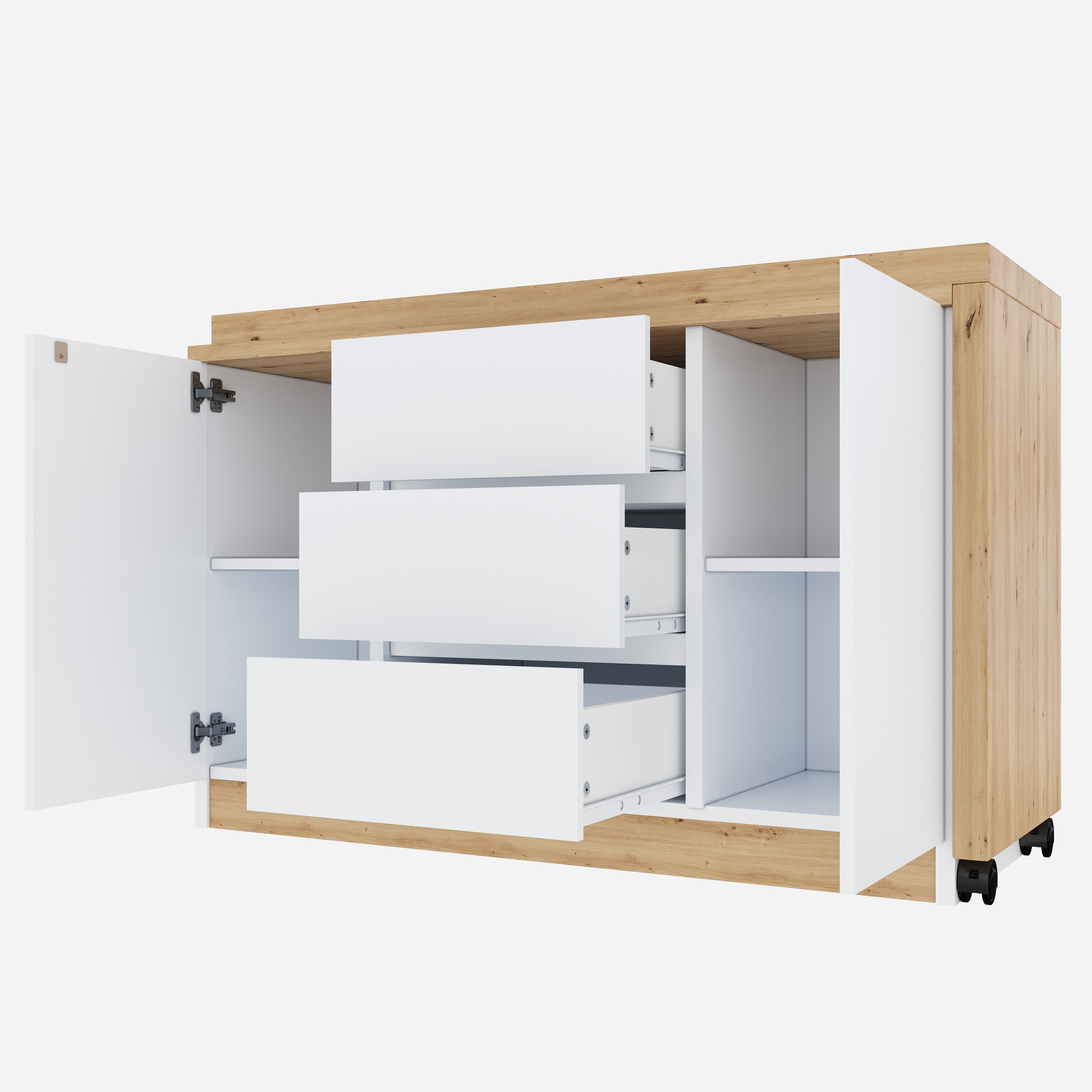 Biurko narożne z obrotowym blatem, 2 drzwiami i 3 szufladami - 120 x 50 x 76,5 cm - Płyta wiórowa - Biały + Dąb - 4