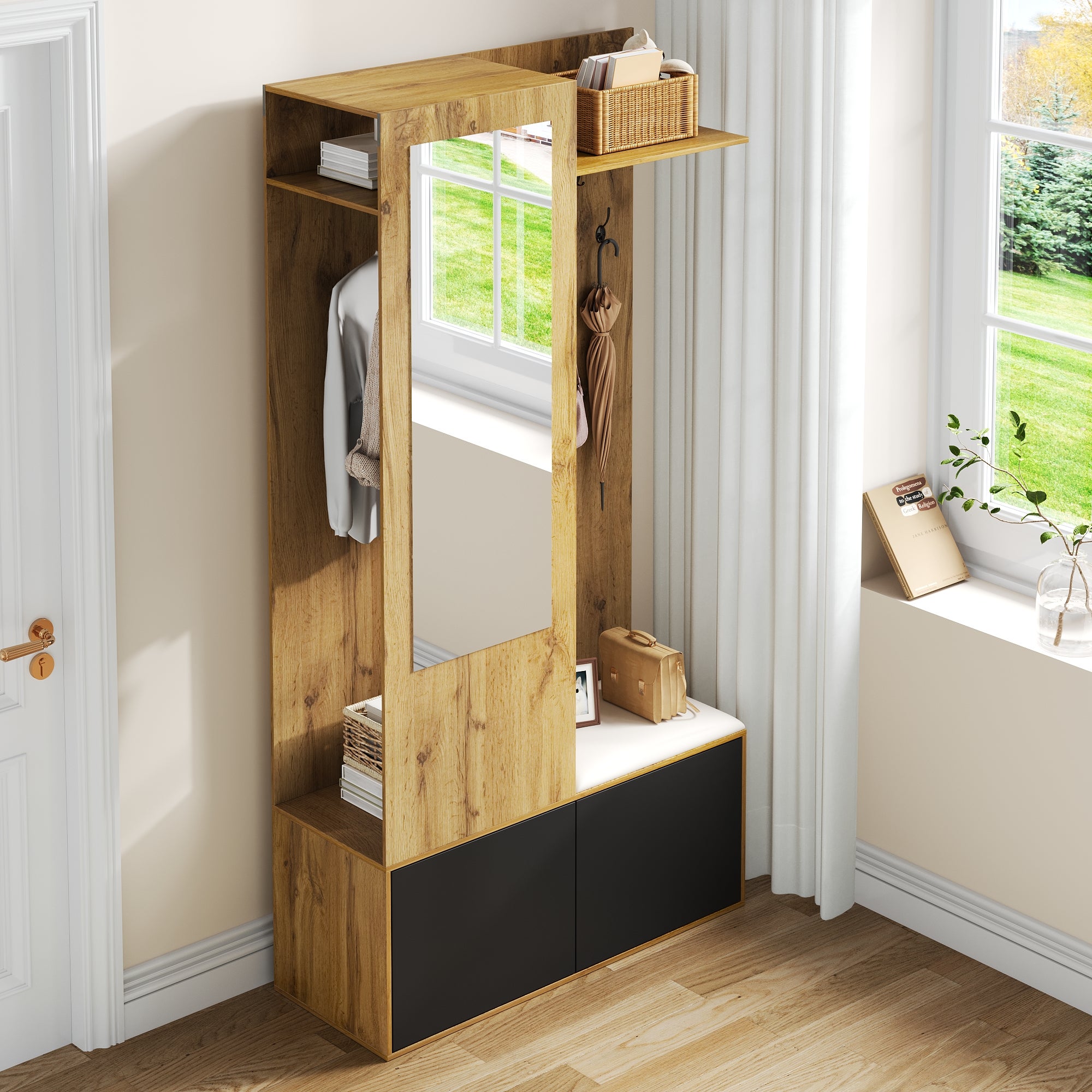 Ensemble meuble à chaussures avec banc + miroir + armoire ouverte - 100 L x 38 l x 191 H cm - 2 portes - MDF - Naturel + noir - 7