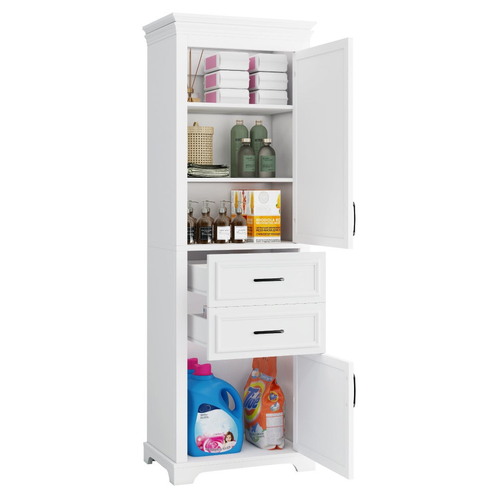 Armoire de salle de bain 60x40x180 cm en MDF blanc avec 2 tiroirs, 2 placards, étagères réglables et charnières soft-close - 4
