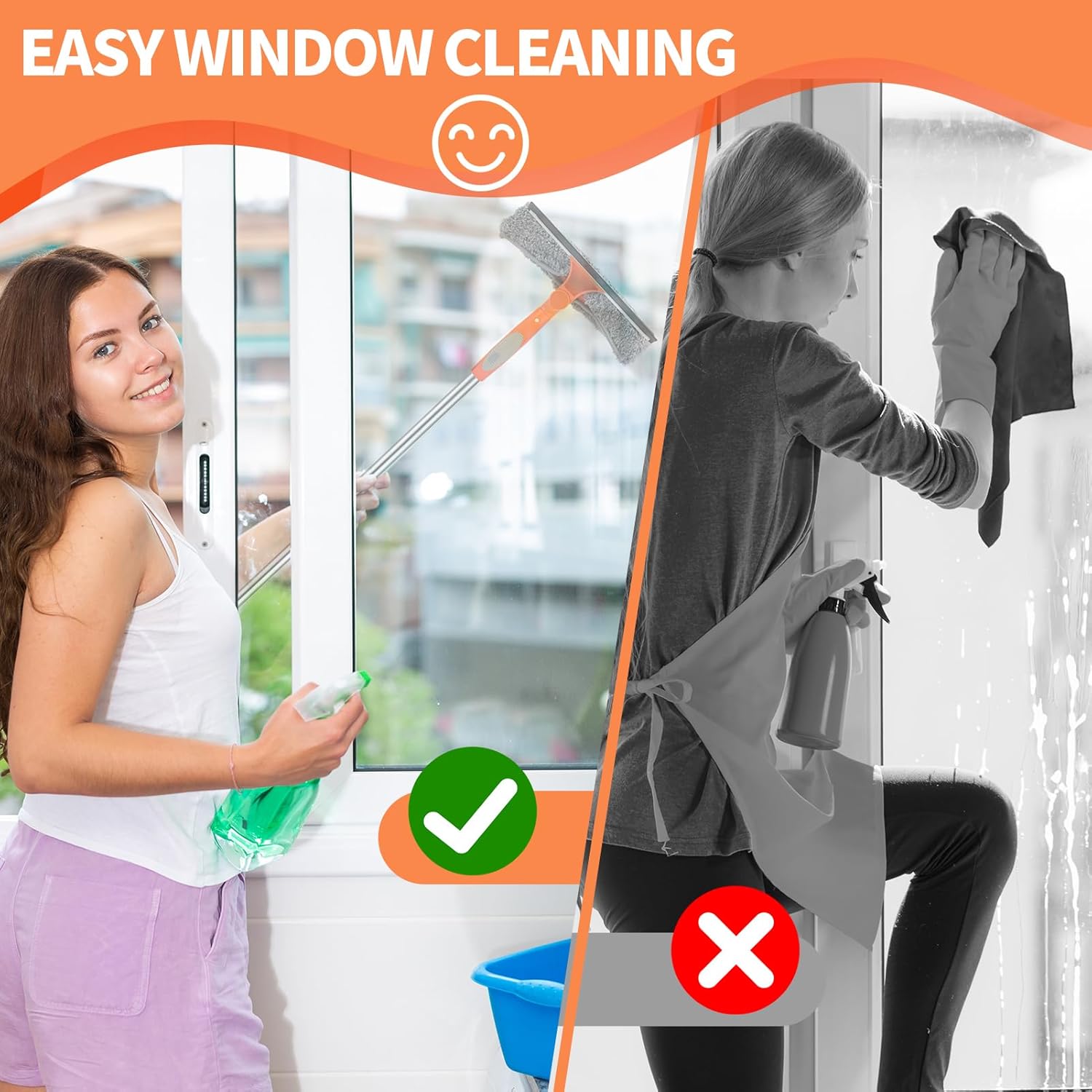 Kit de nettoyage de vitres professionnel 2 en 1 avec raclette à vitres télescopique 240 cm, tête flexible, pour vitres hautes intérieures, gris - 2