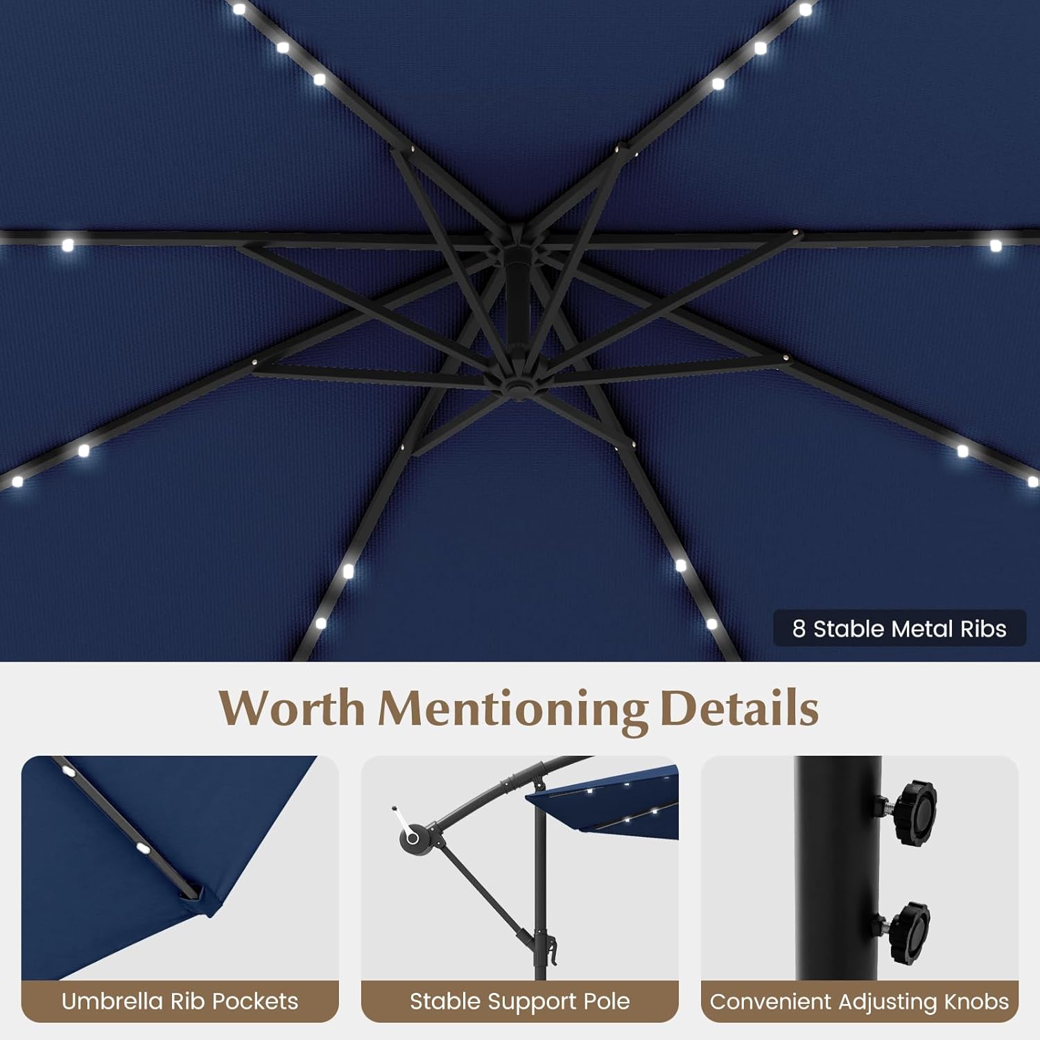 Parasol Déporté Ø300CM Parasol de Jardin Extérieur Inclinable 40 LED Solaires 8 Baleines, Grand Parasol avec Pied pour Terrasse Plage Cour (Bleu) - 5