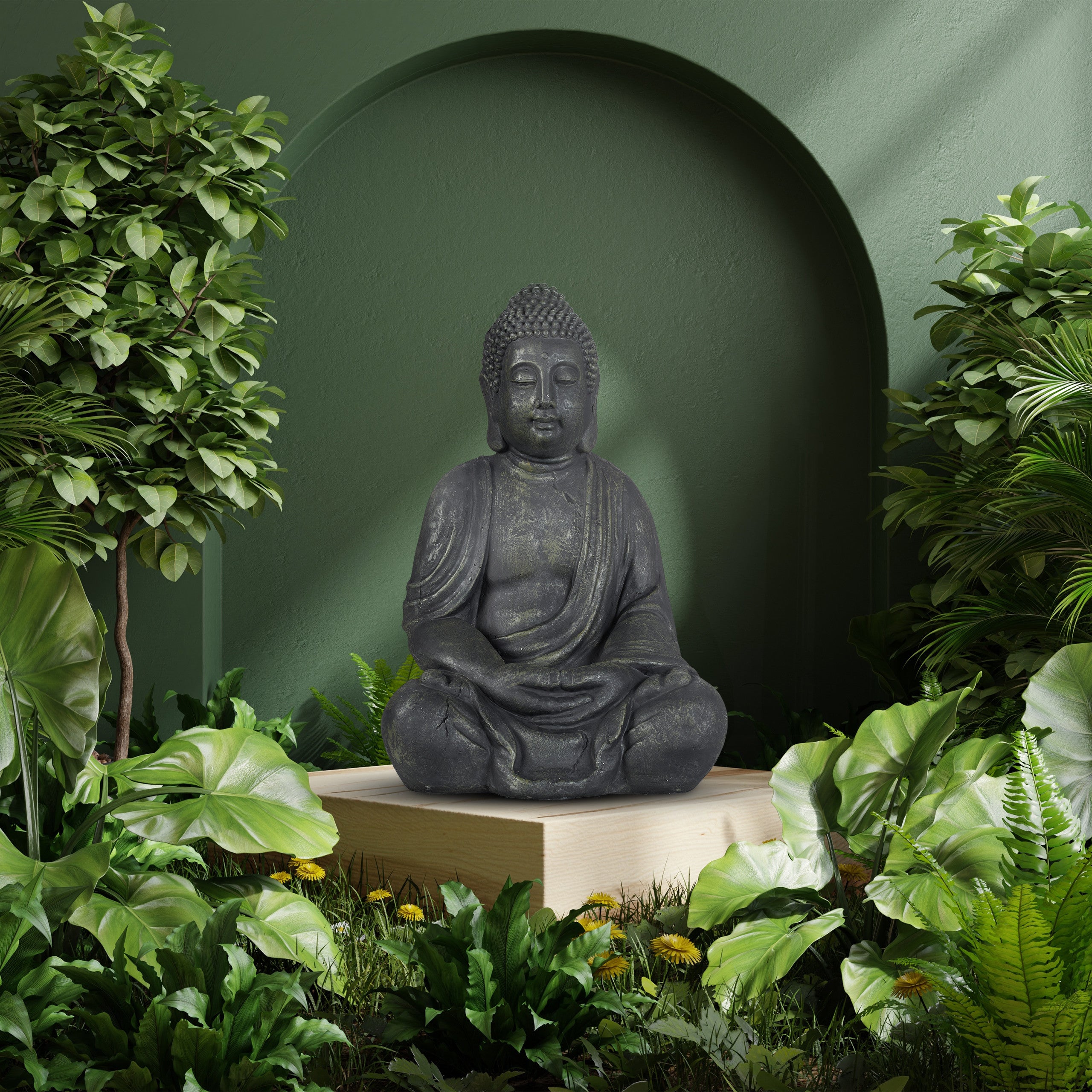 Statua Buddha Seduto Relaxdays 40 Cm - Feng Shui, Resina, Per Interni Ed Esterni, Grigio Chiaro - Foto 14