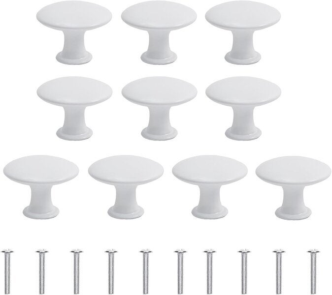 Buton rotund metalic alb, 10 buc., mânere pentru sertare, mânere pentru comodă, mânere pentru dulapuri, mânere pentru uși de bucătărie cu șuruburi
