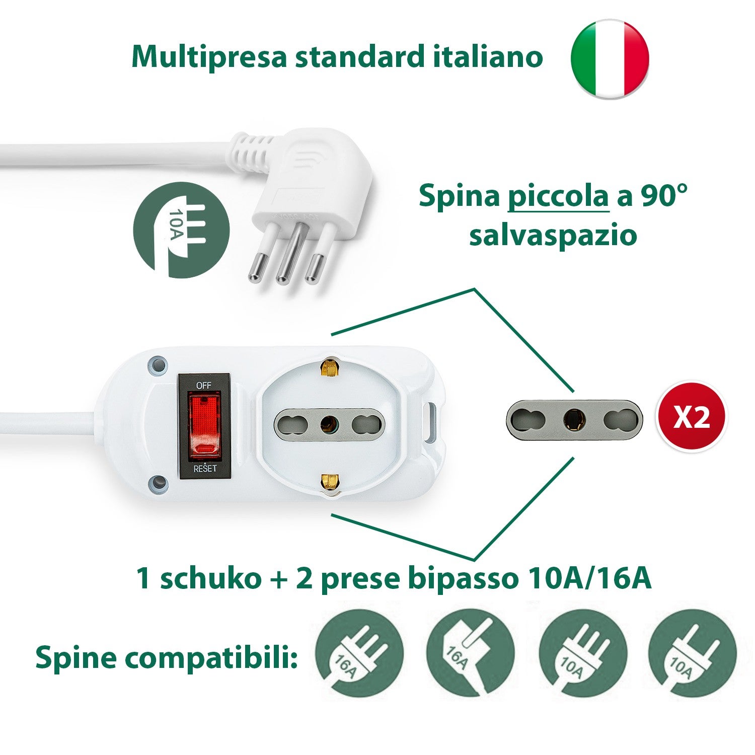 Multiprise italienne 3 entrées. Câble 1,5 m, petite prise 10 A - 6