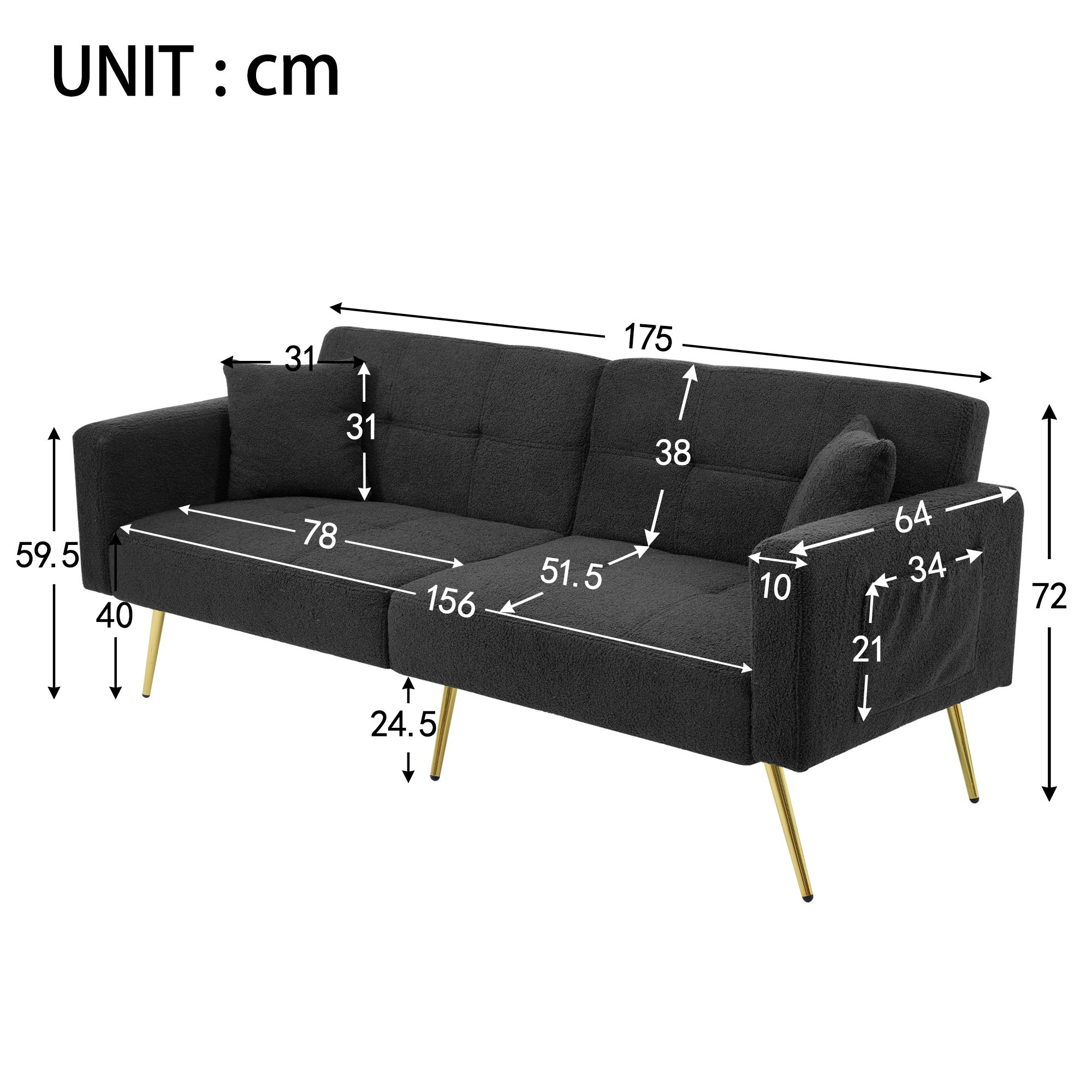 Canapé-lit 175x64x72cm inclinable avec fonction lit et rangements latéraux - Pieds dorés et coussin inclus - gris foncé - 4