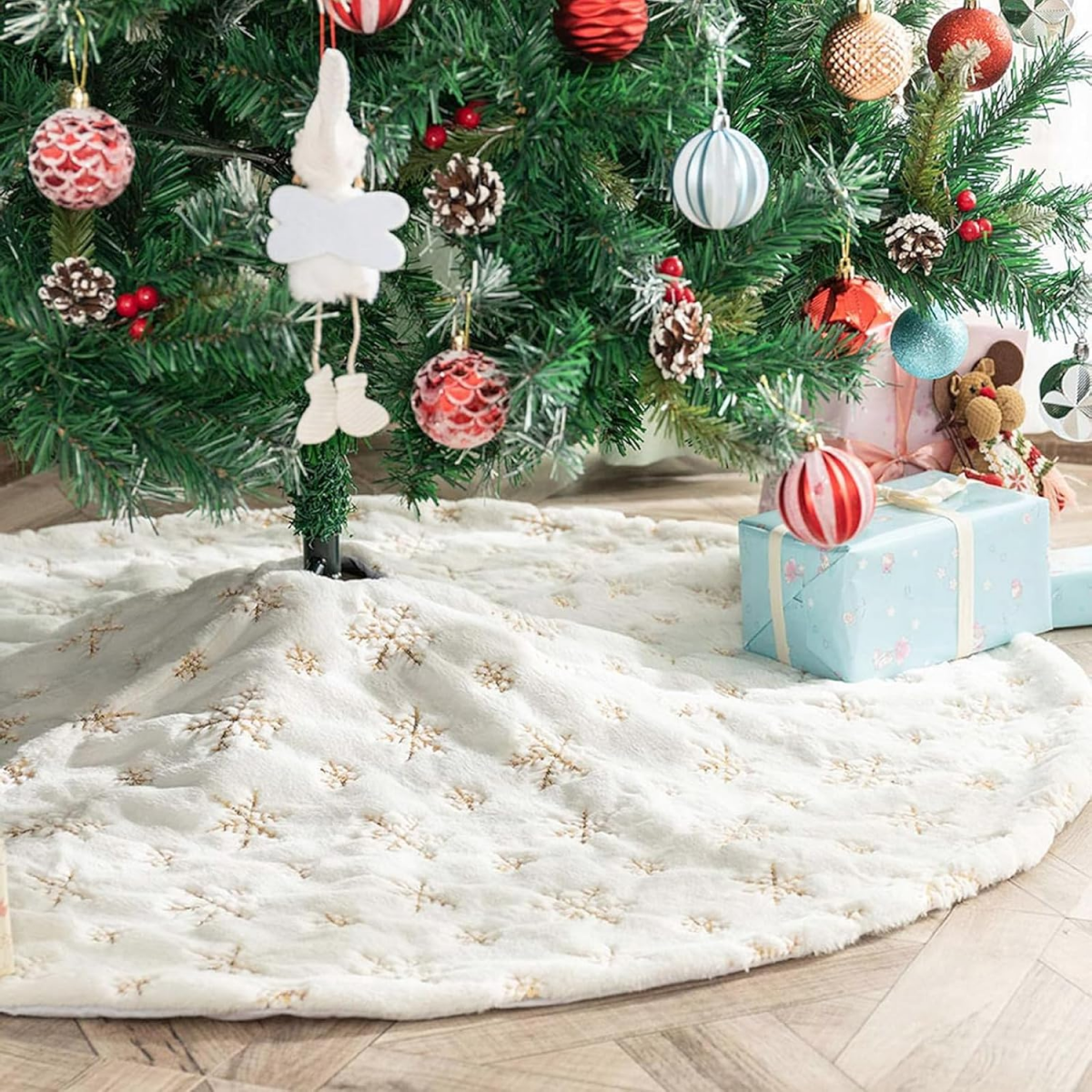 Jupe de sapin de Noël en velours à paillettes pour décoration de sapin de Noël Doré champagne 61 cm