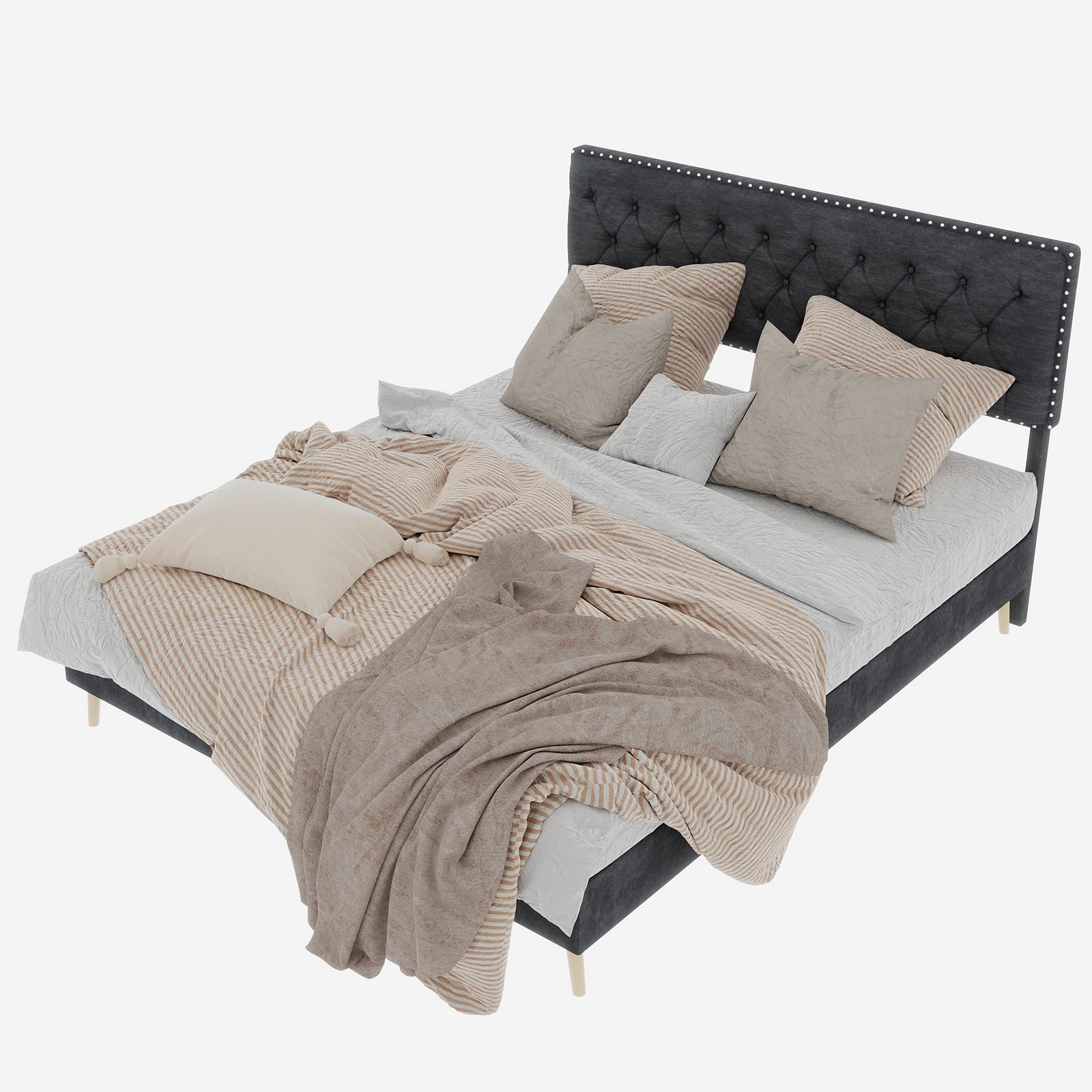 Letto matrimoniale 160x200 cm, doghe in legno, testiera, velluto grigio, senza materasso - 3