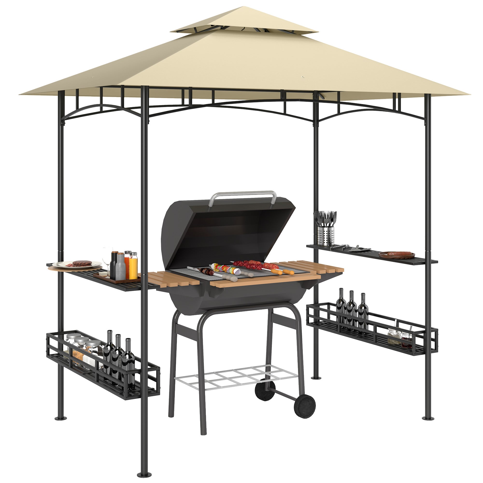 Namiot grillowy, namiot BBQ, pawilon ogrodowy z 2 półkami, koszami do przechowywania, haczykami, na taras, beżowy