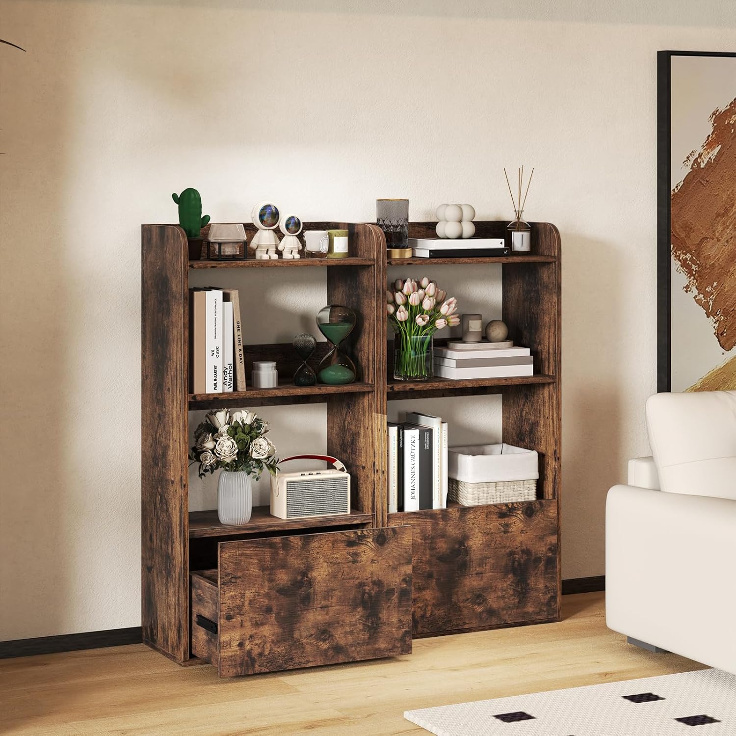 Libreria Aperta a 3 Ripiani, Scaffale Salvaspazio in Legno con Cassetto, Scaffale Portaoggetti Espositivo per Camera da Letto, Soggiorno, Cuci - 5